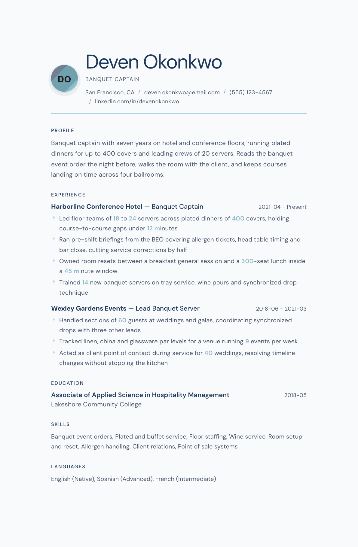 Banquet Captain resume example, Nordic Frost template