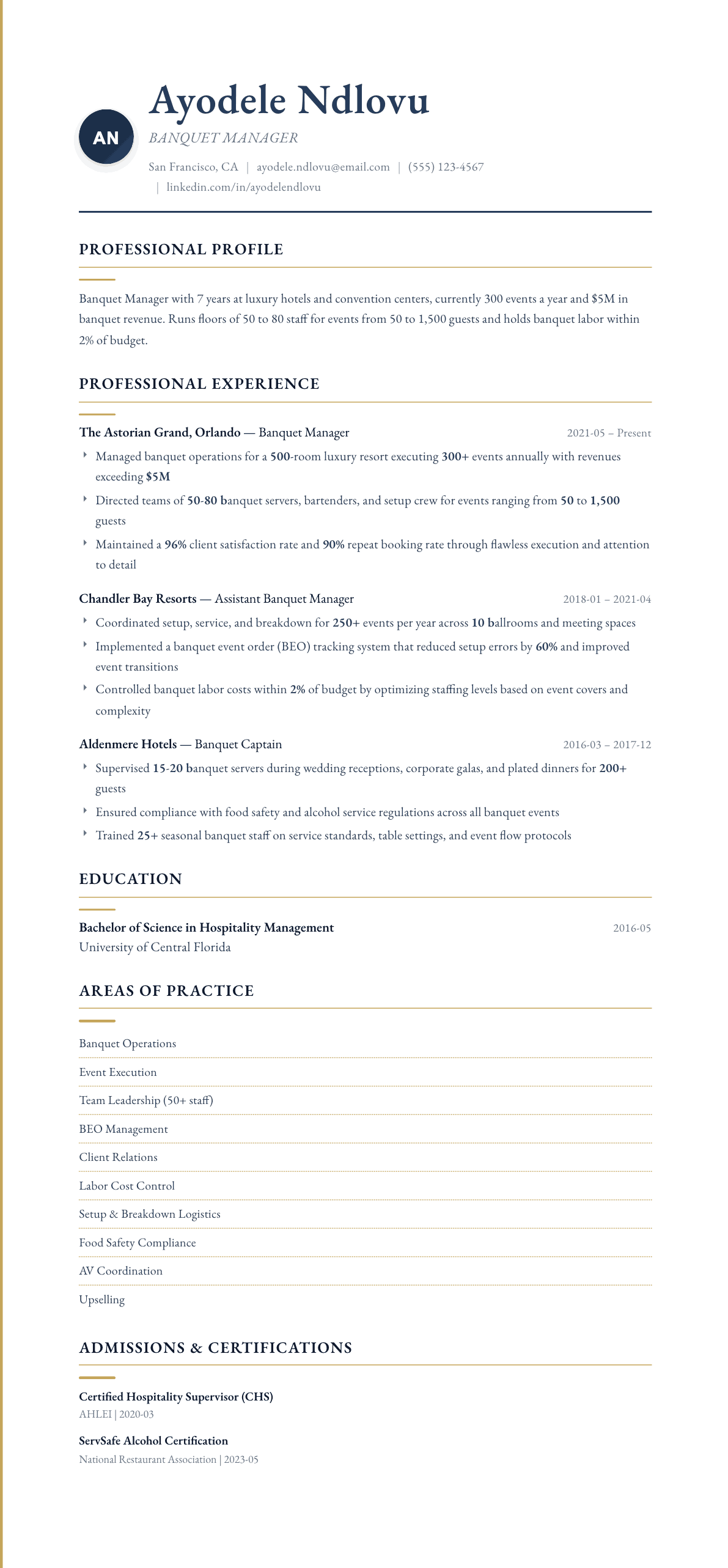 Banquet Manager resume example, Folio template