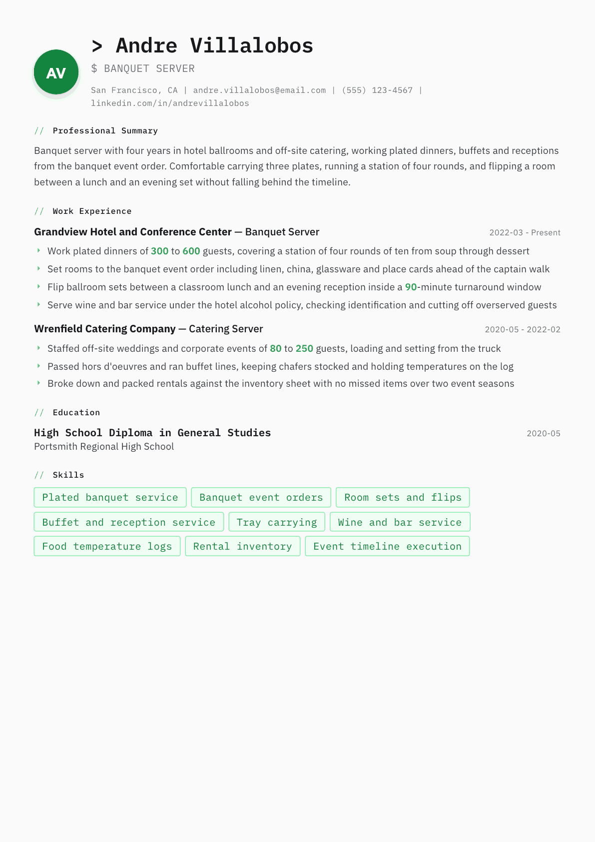 Banquet Server resume example, Amsterdam template