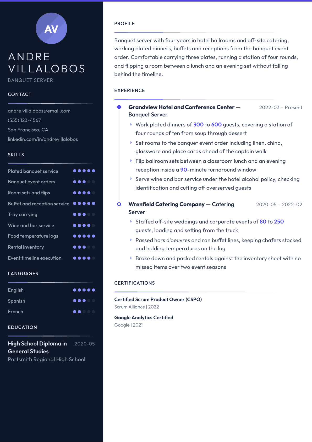 Banquet Server resume example, Zenith template