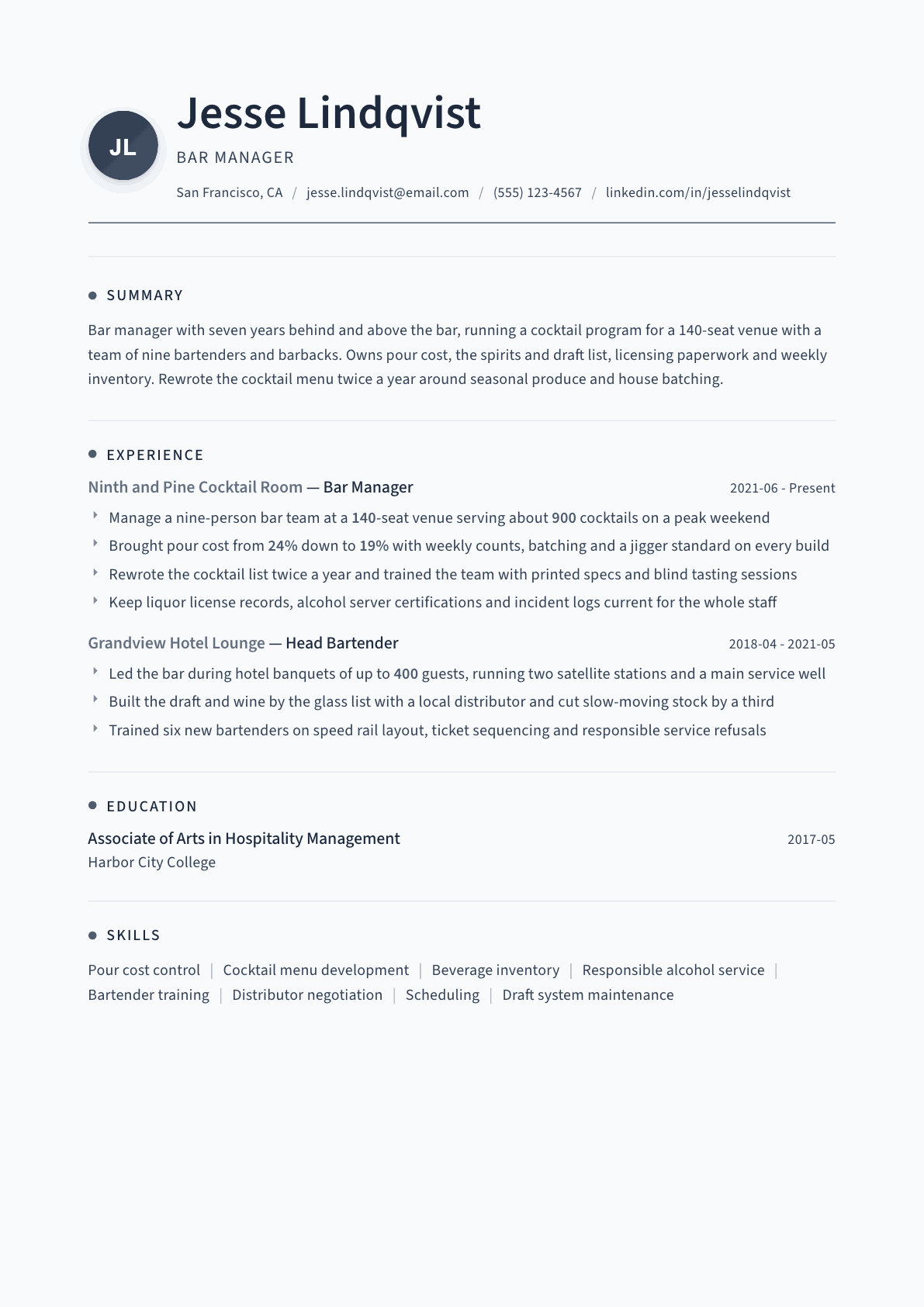 Bar Manager resume example, Thread template