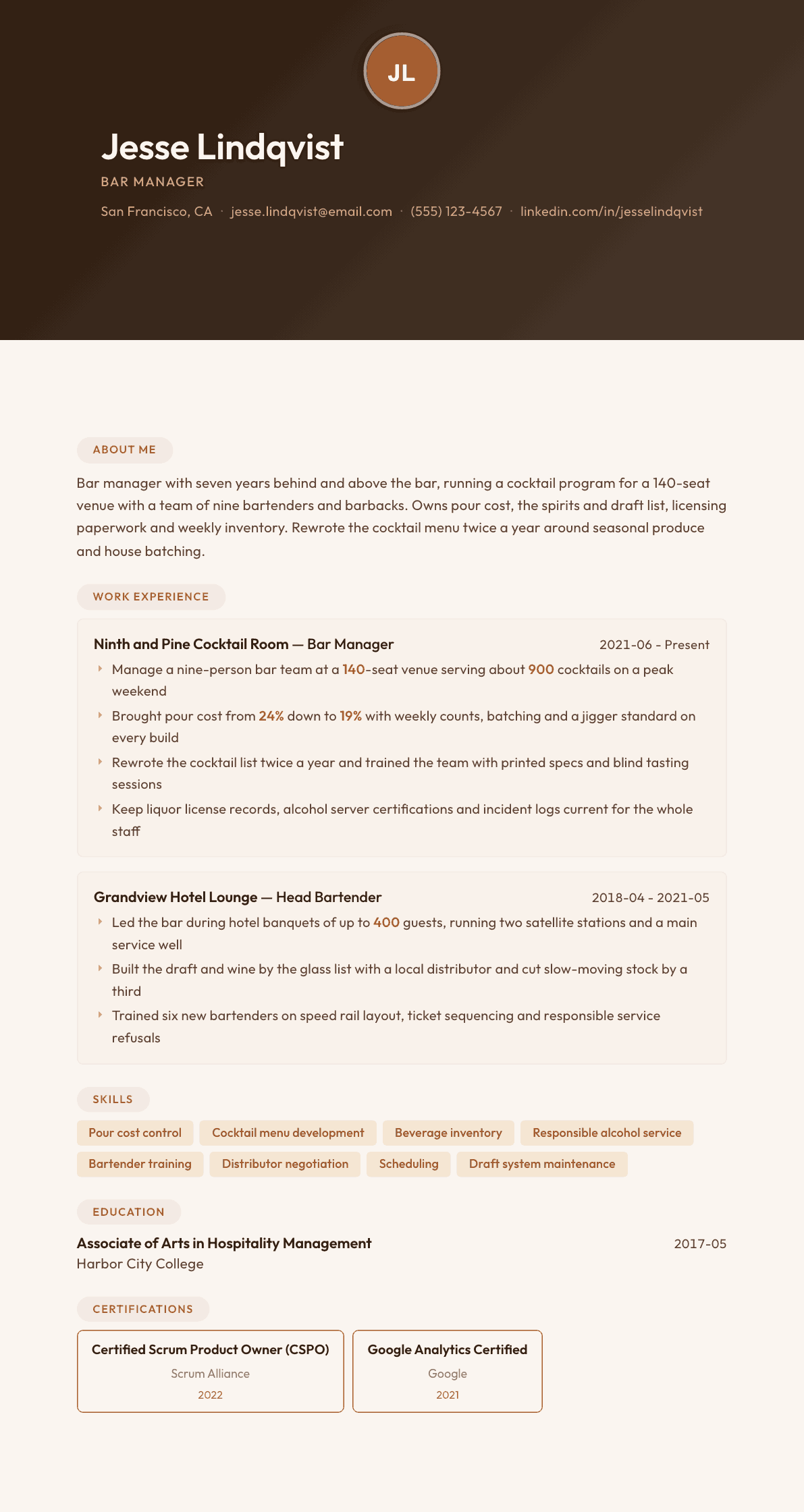 Bar Manager resume example, Terracotta Studio template