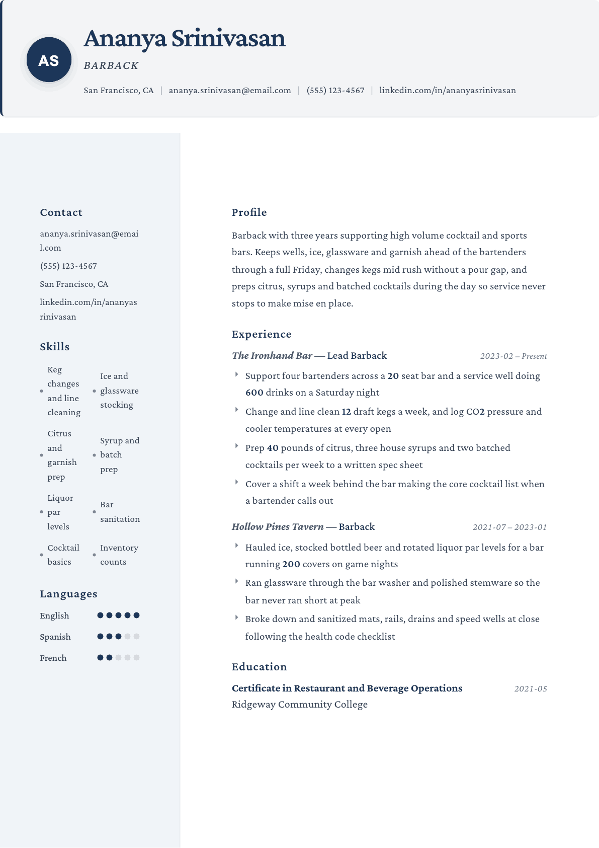 Barback resume example, Formal template