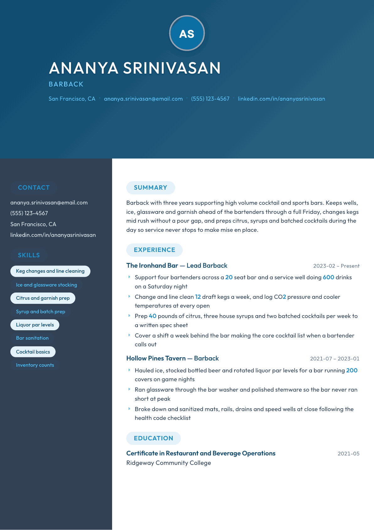 Barback resume example, Nexus template