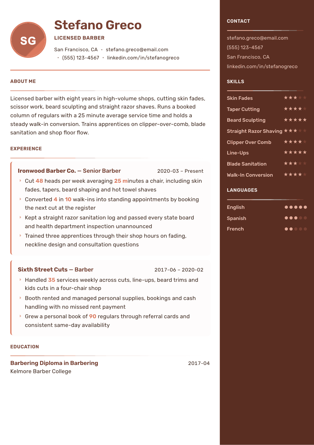 Barber resume example, Mosaic template