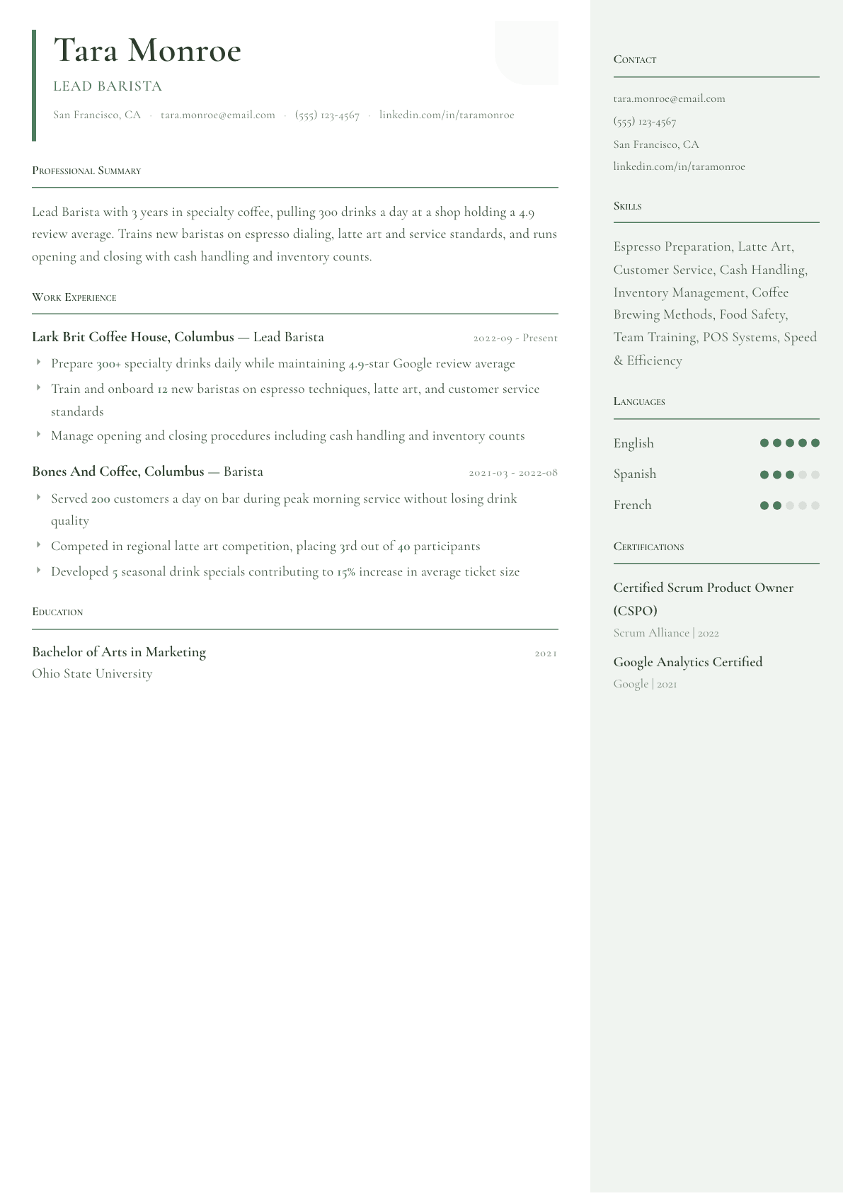 Barista resume example, Copenhagen template