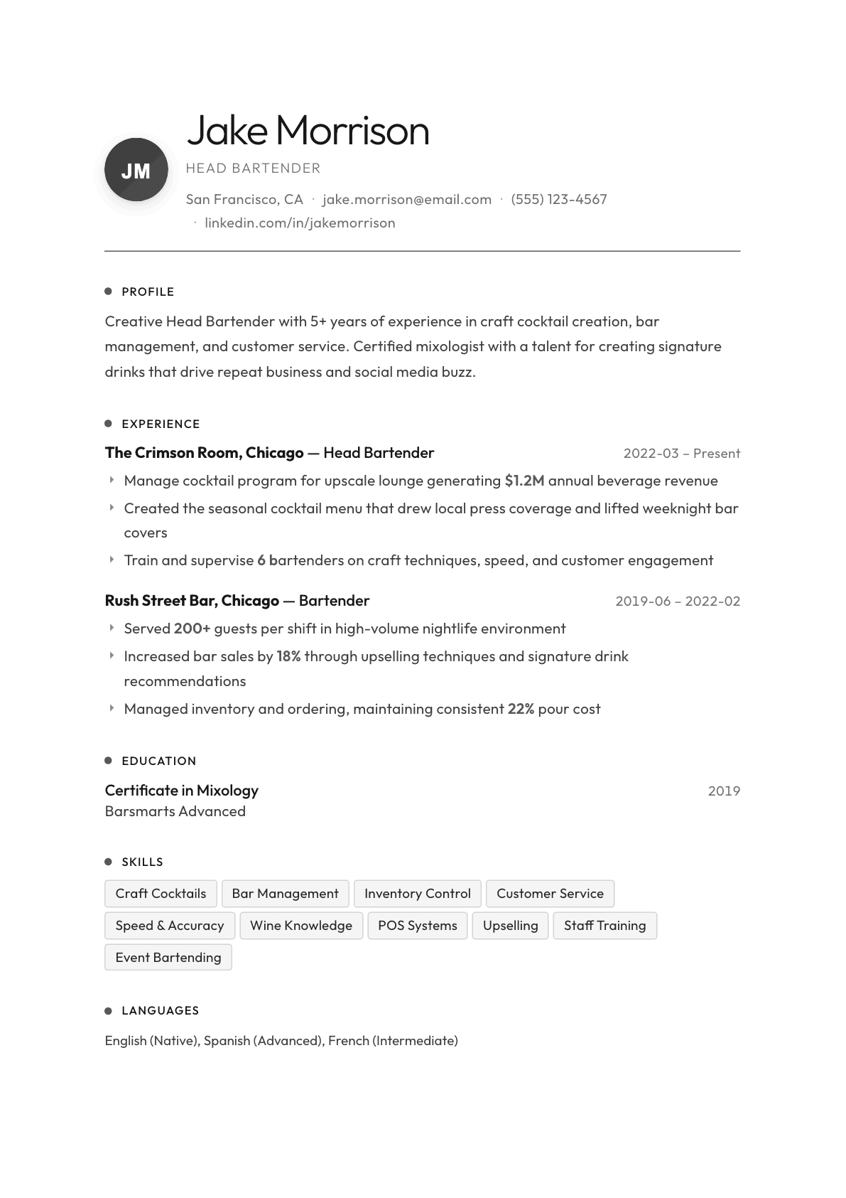 Bartender resume example, Flux template