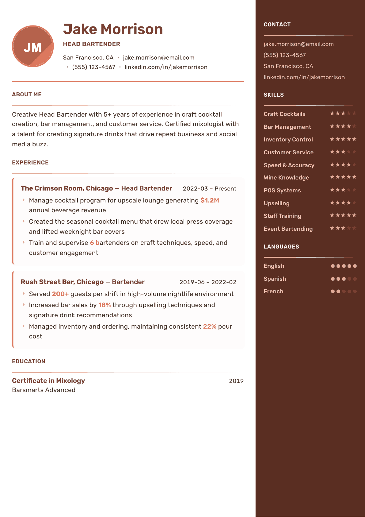 Bartender resume example, Mosaic template