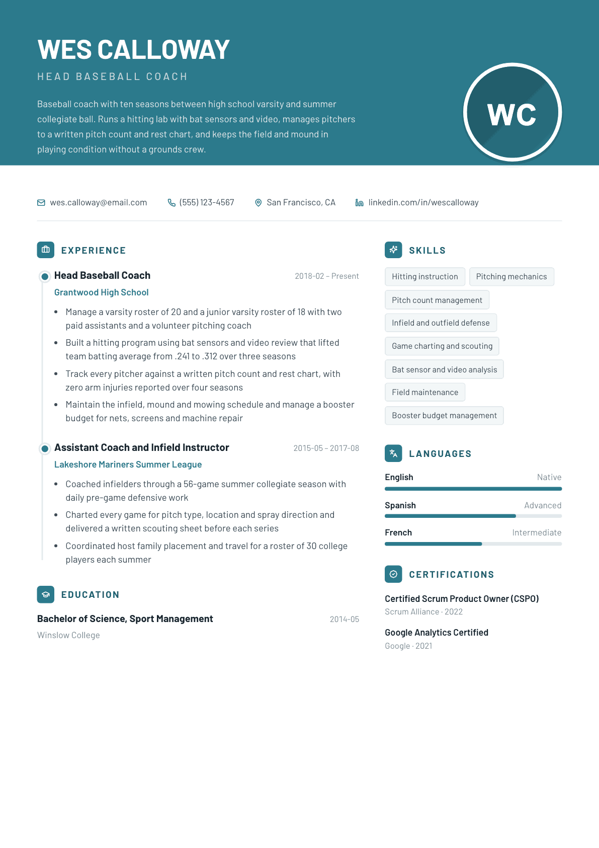 Baseball Coach resume example, Harbor template