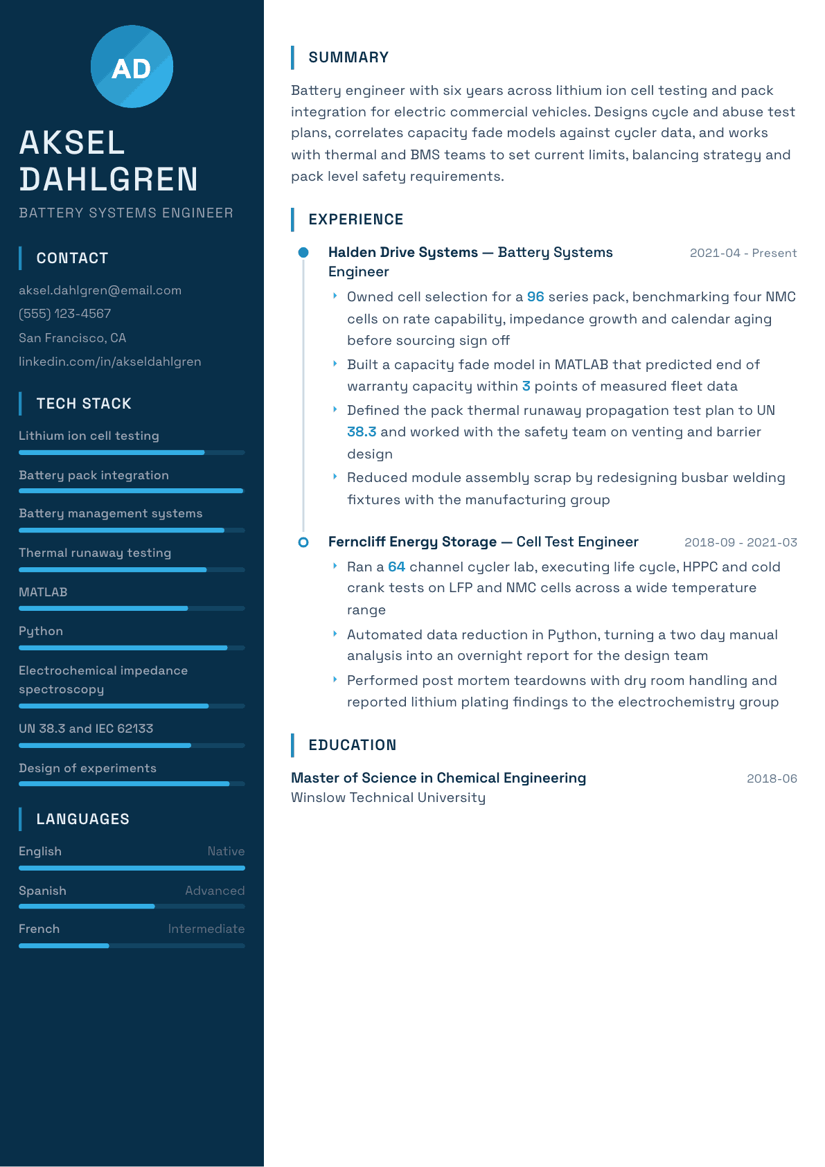 Battery Engineer resume example, Circuit template