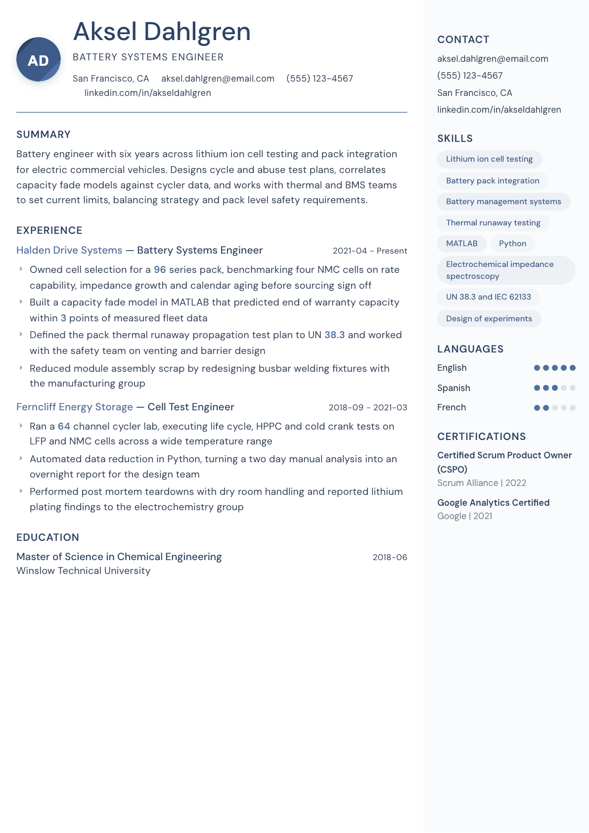 Battery Engineer resume example, Kernel template