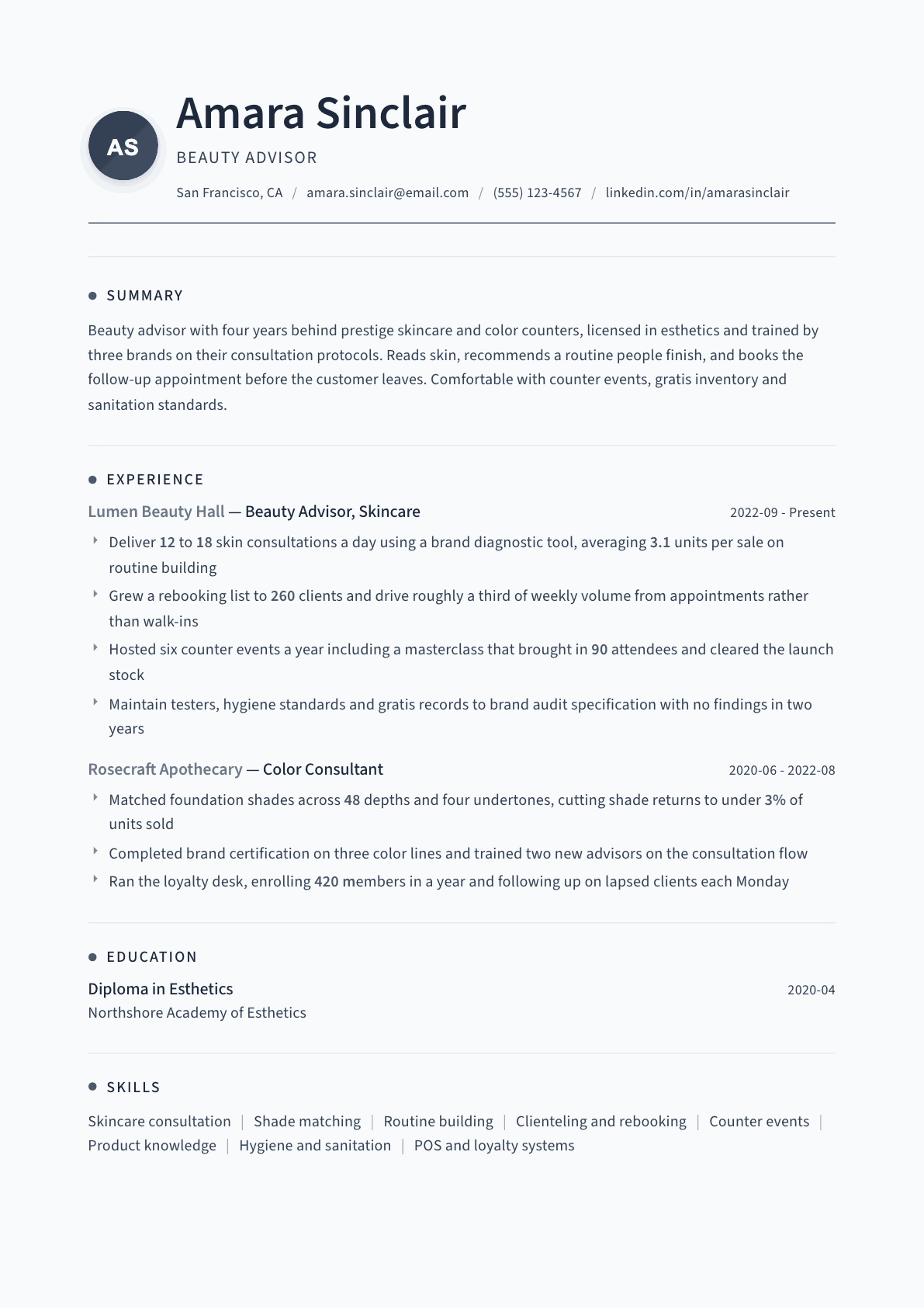 Beauty Advisor resume example, Thread template