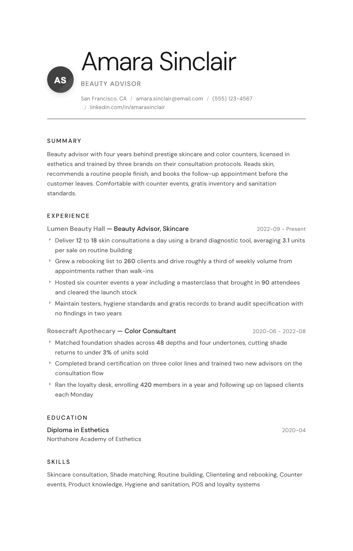 Beauty Advisor resume example, Whisper template