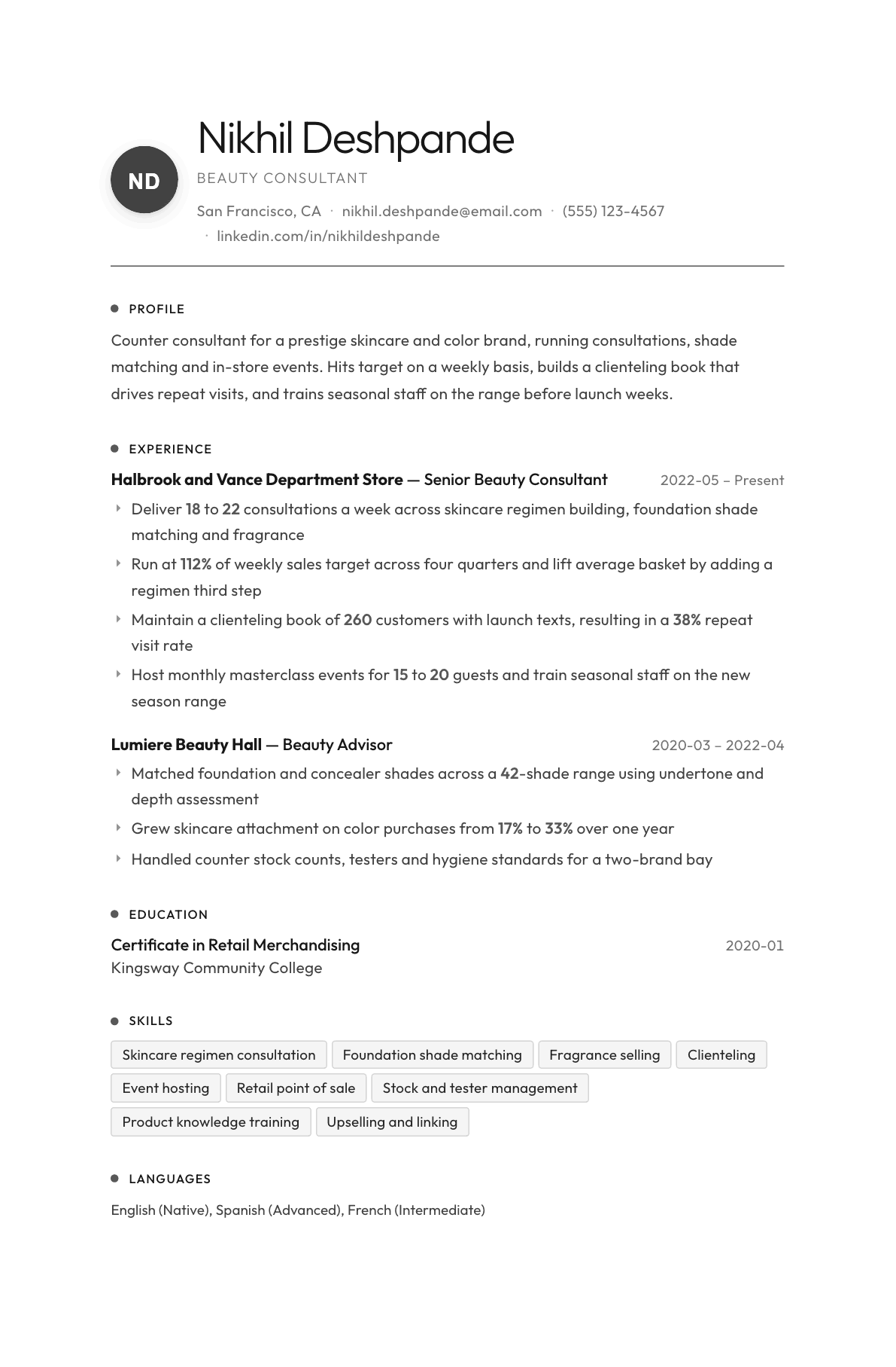 Beauty Consultant resume example, Flux template