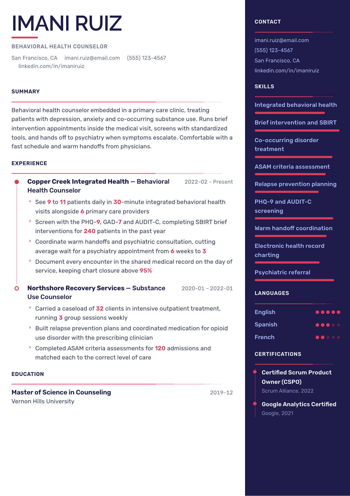 Behavioral Health Counselor resume example, Obsidian Dark template