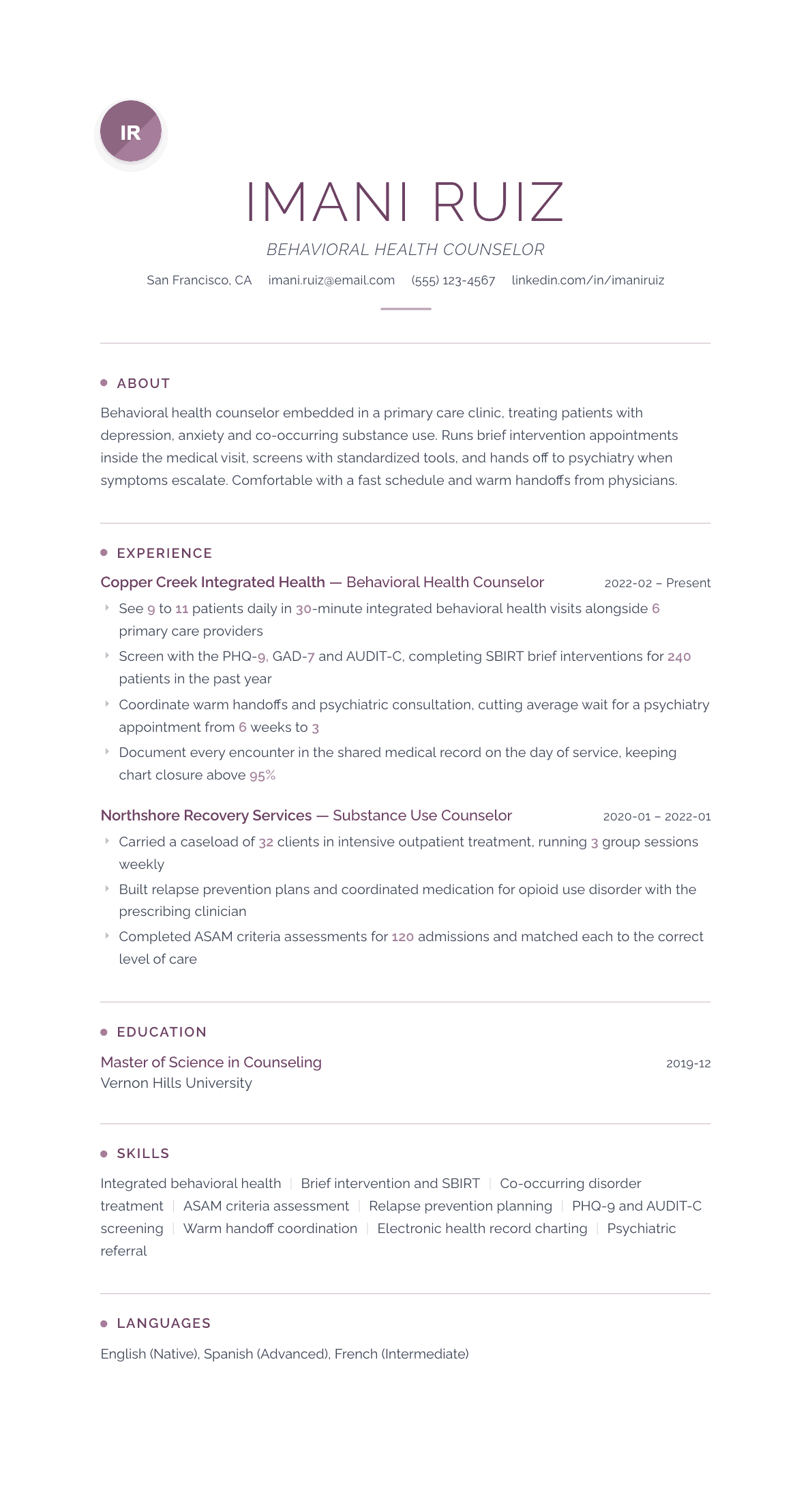 Behavioral Health Counselor resume example, Serenity template