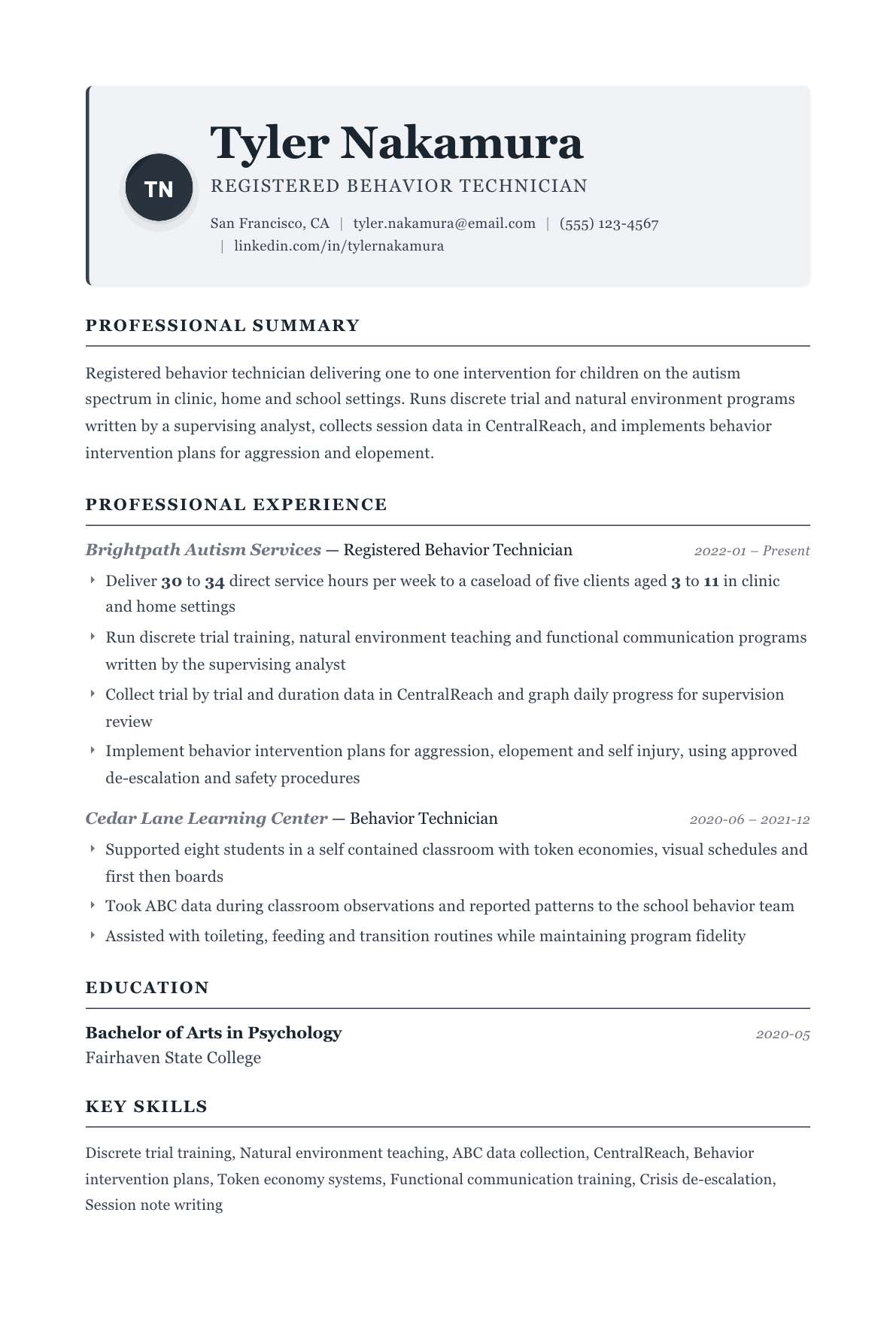 Behavioral Technician resume example, Traditional template