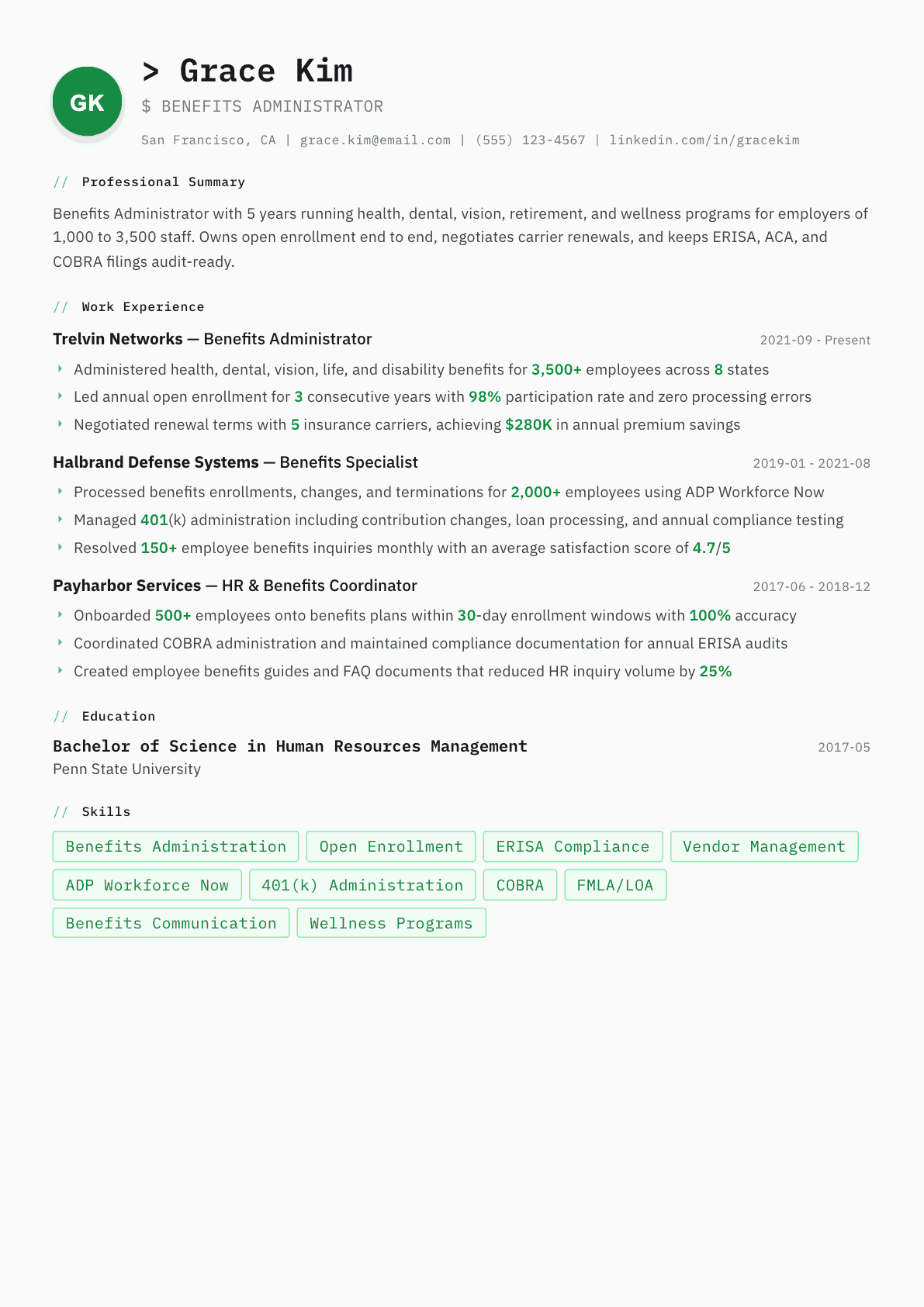 Benefits Administrator resume example, Amsterdam template