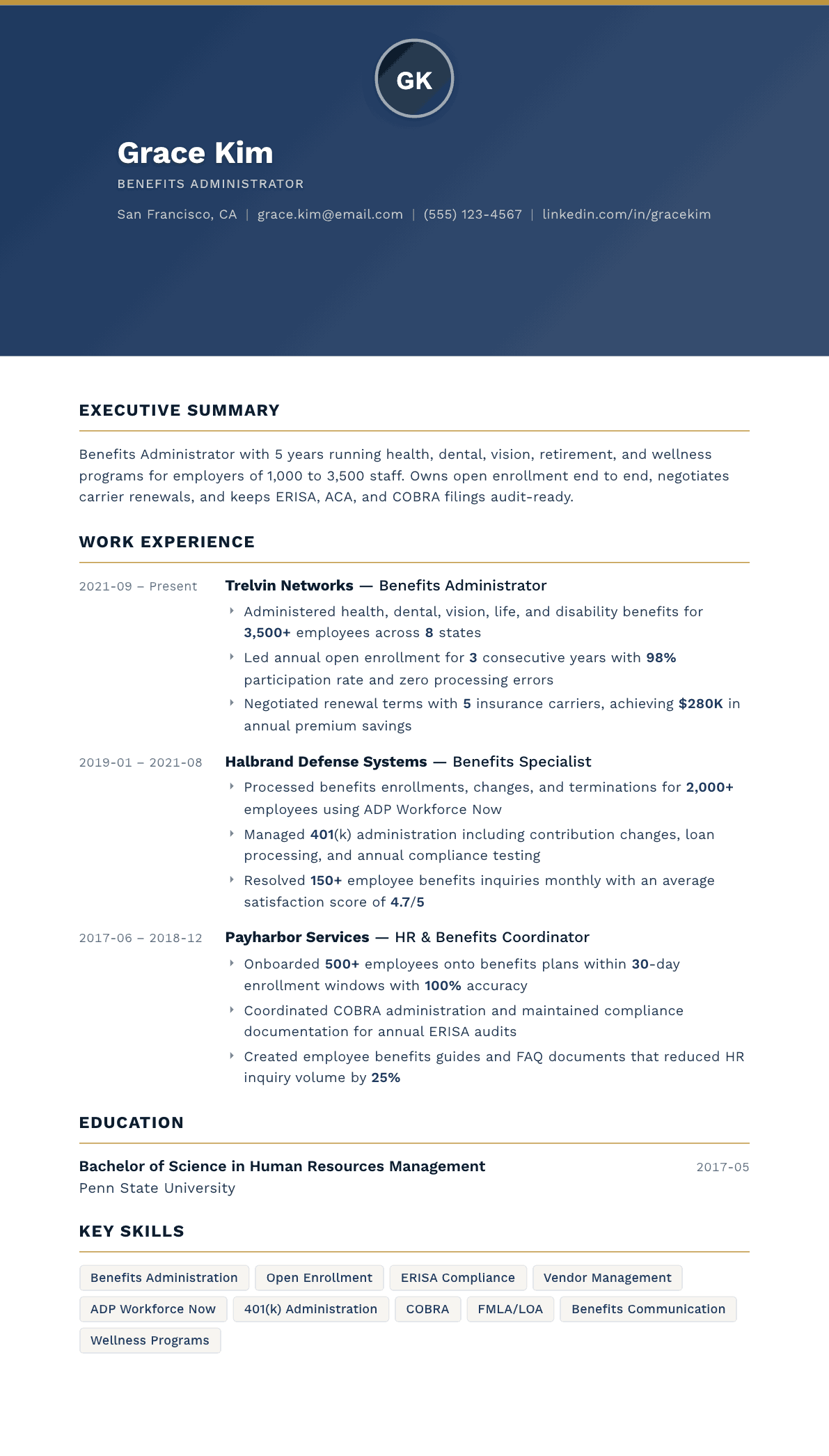 Benefits Administrator resume example, Sovereign template