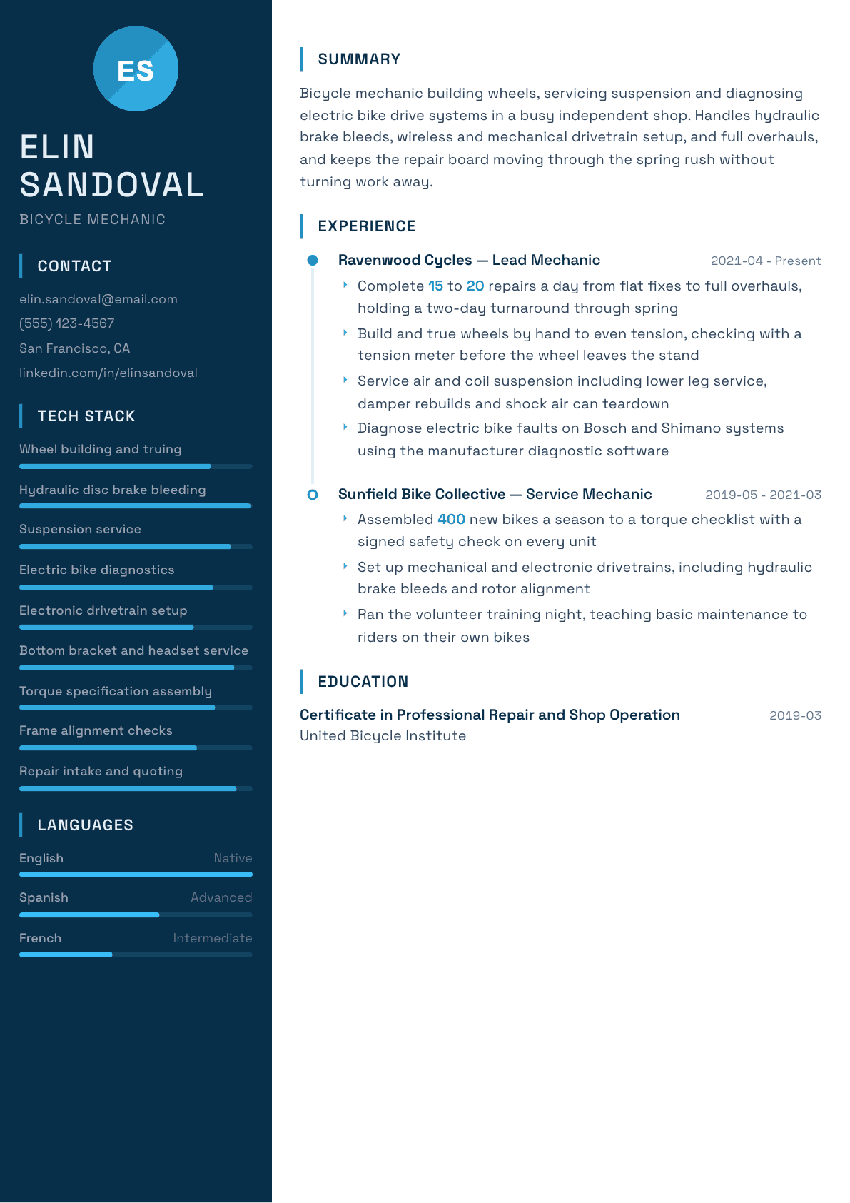 Bicycle Mechanic resume example, Circuit template