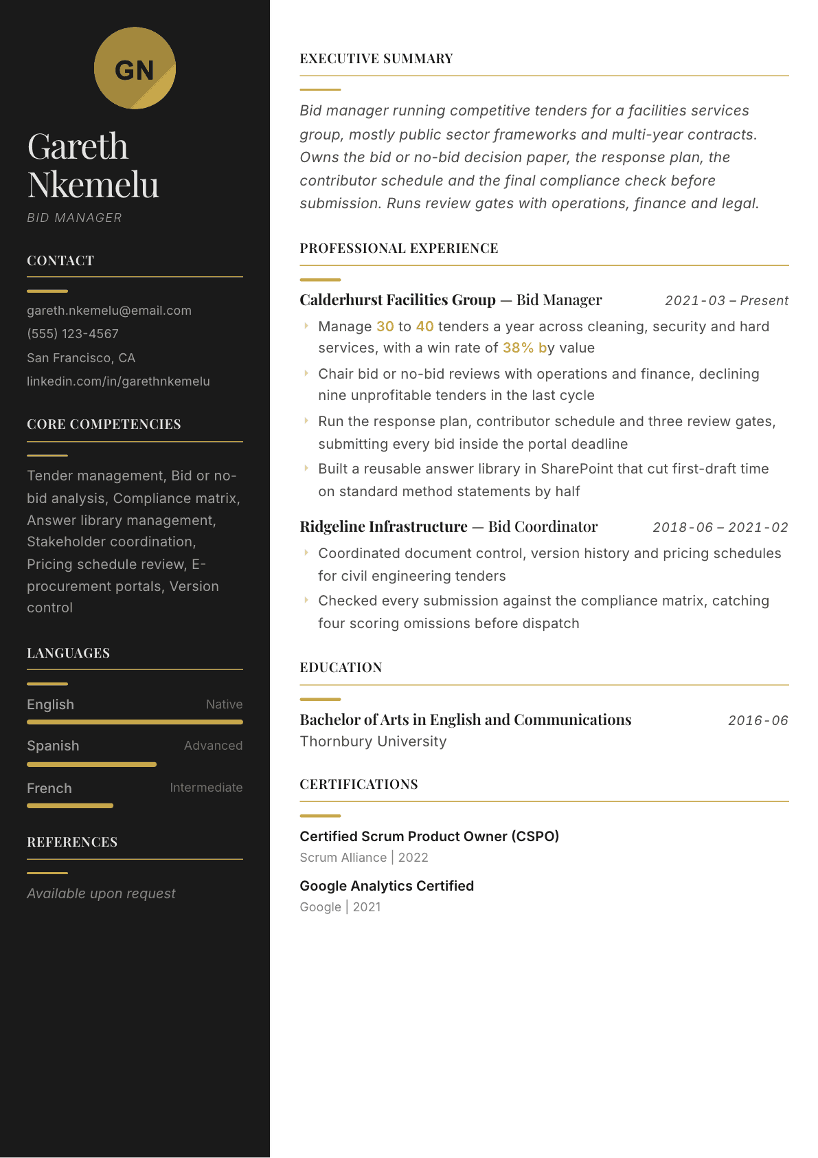 Bid Manager resume example, Ink & Gold template