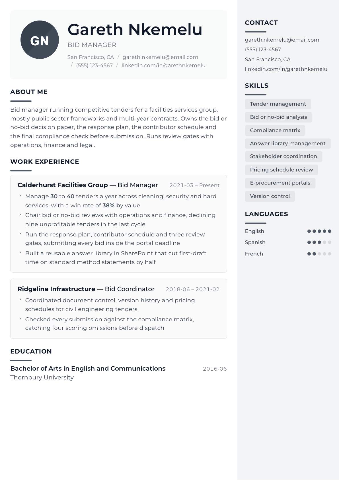 Bid Manager resume example, Metropolitan template