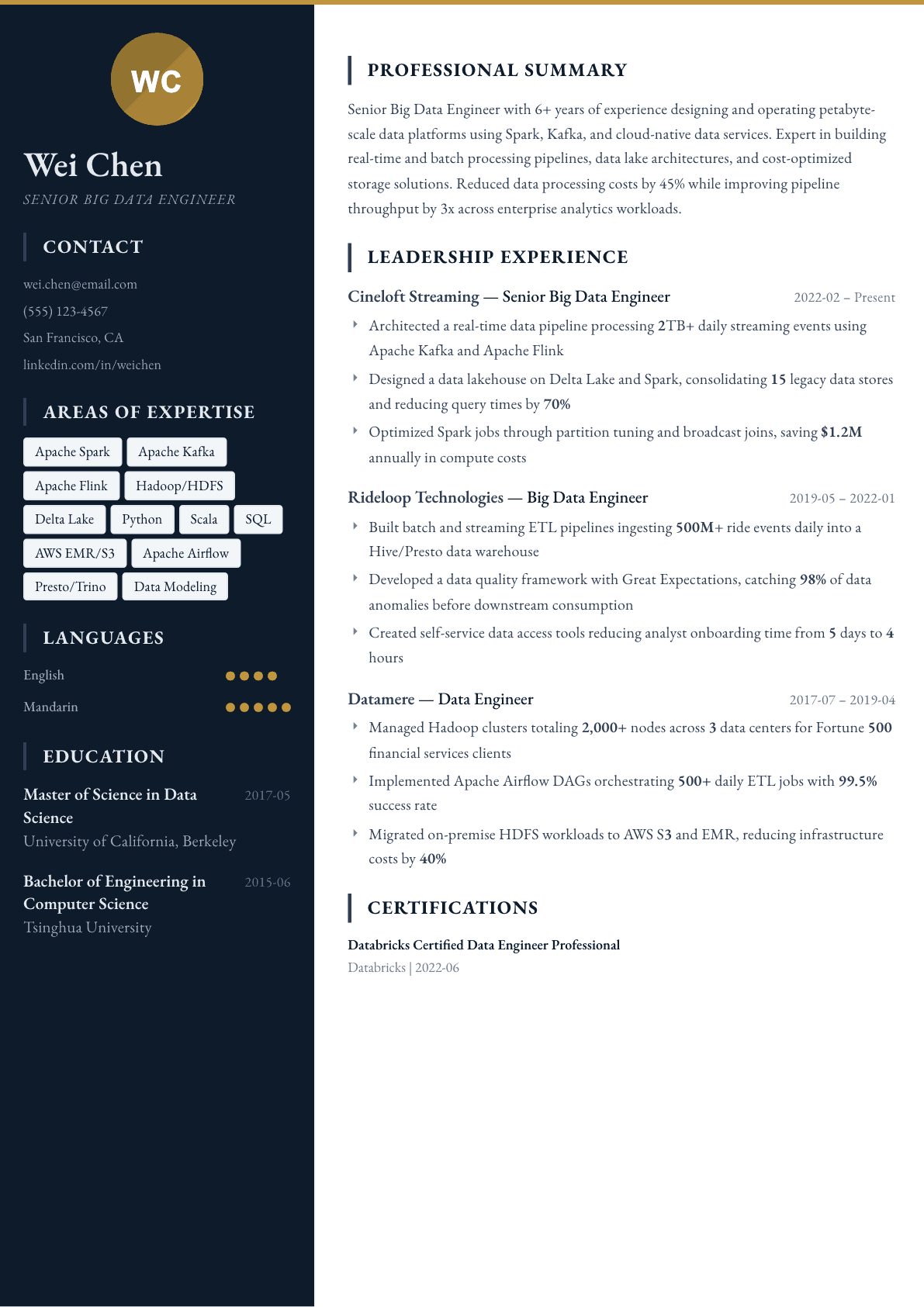 Big Data Engineer resume example, Presidio template