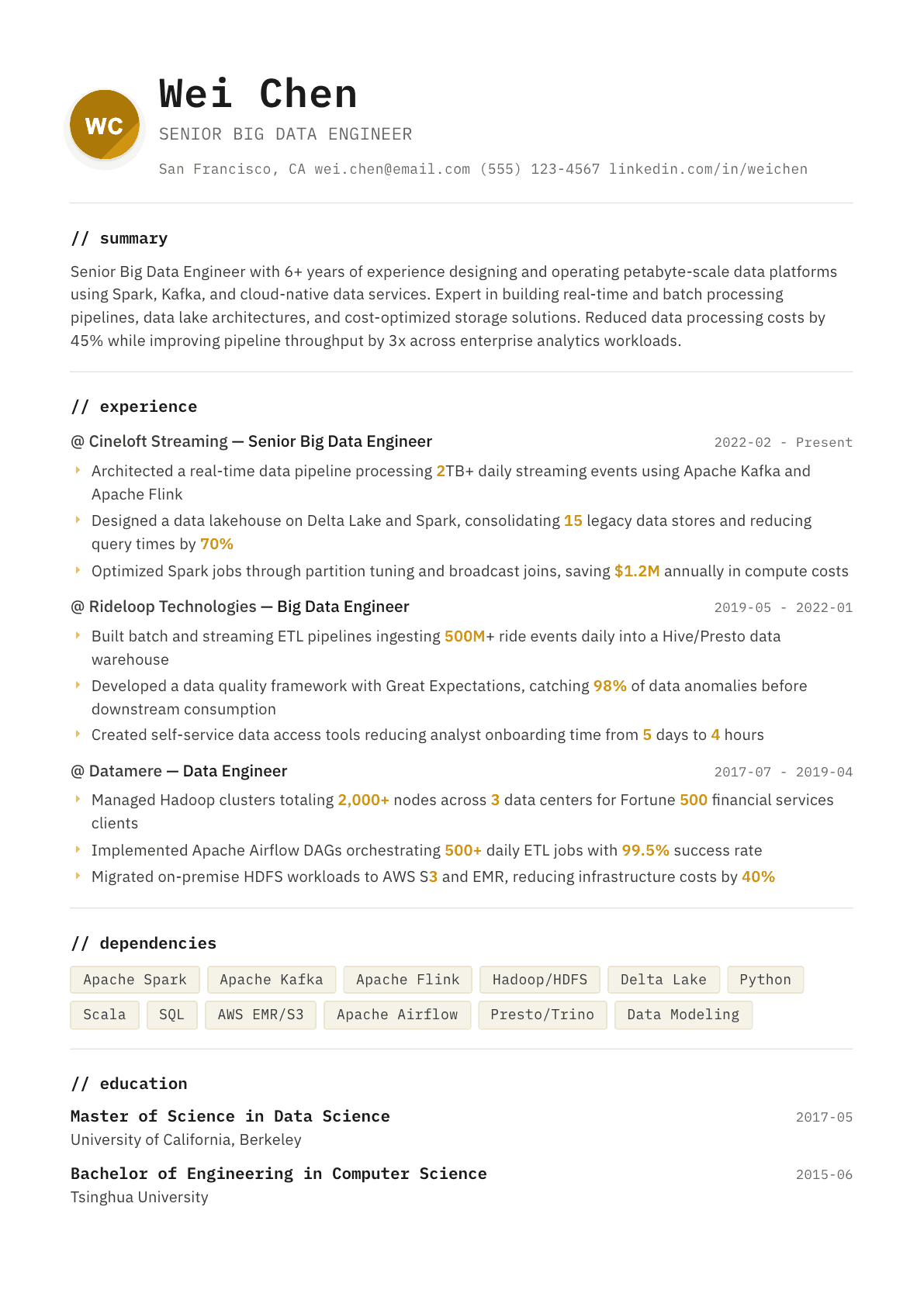 Big Data Engineer resume example, Terminal template