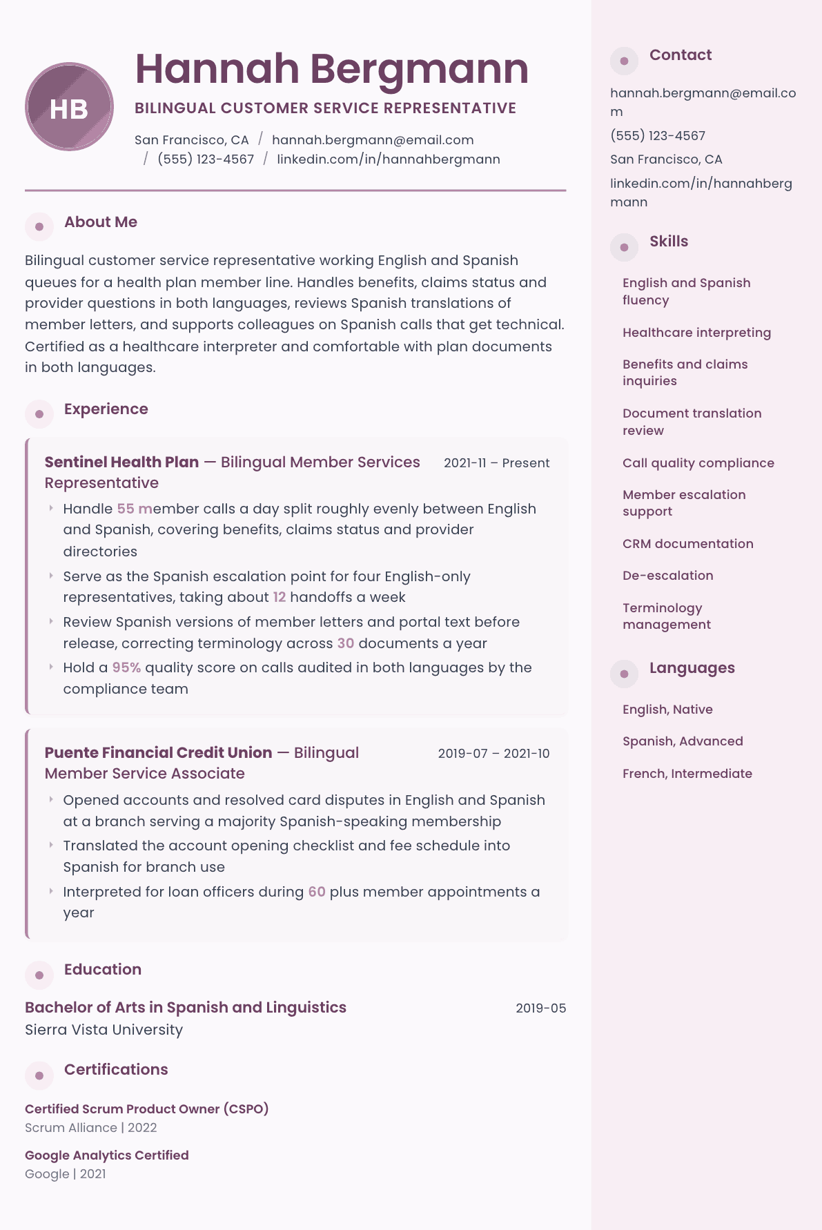 Bilingual Customer Service Representative resume example, Bloom template