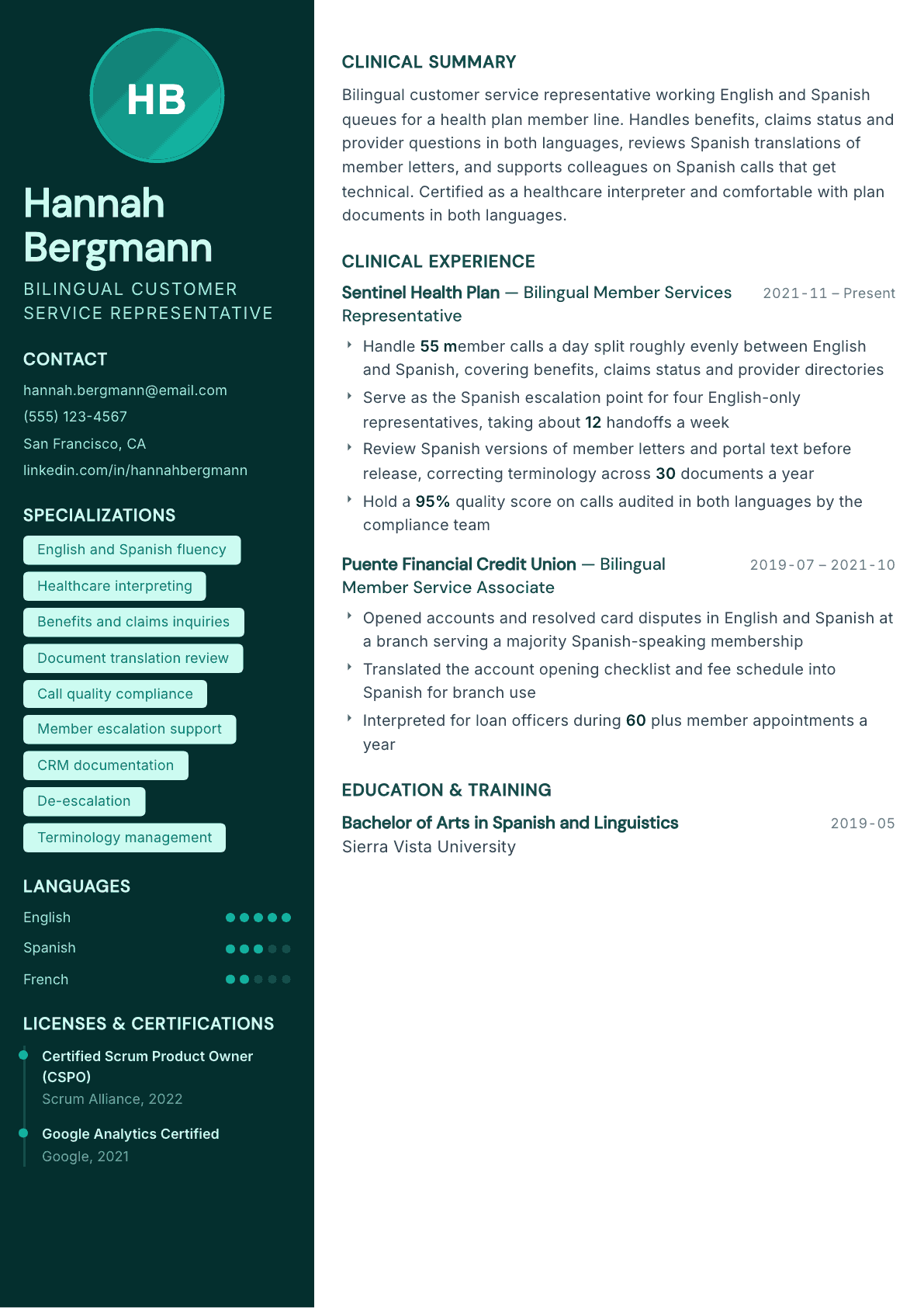 Bilingual Customer Service Representative resume example, Vitalis template