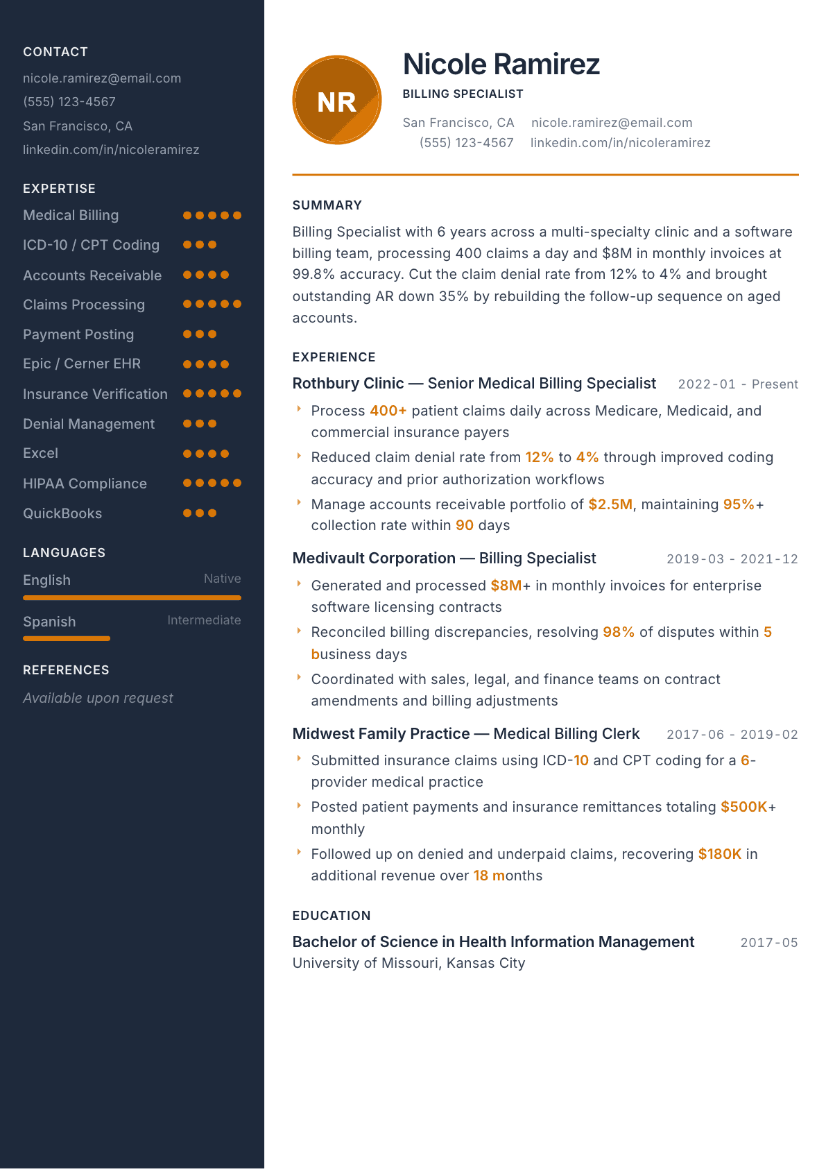 Billing Specialist resume example, Copper & Slate template