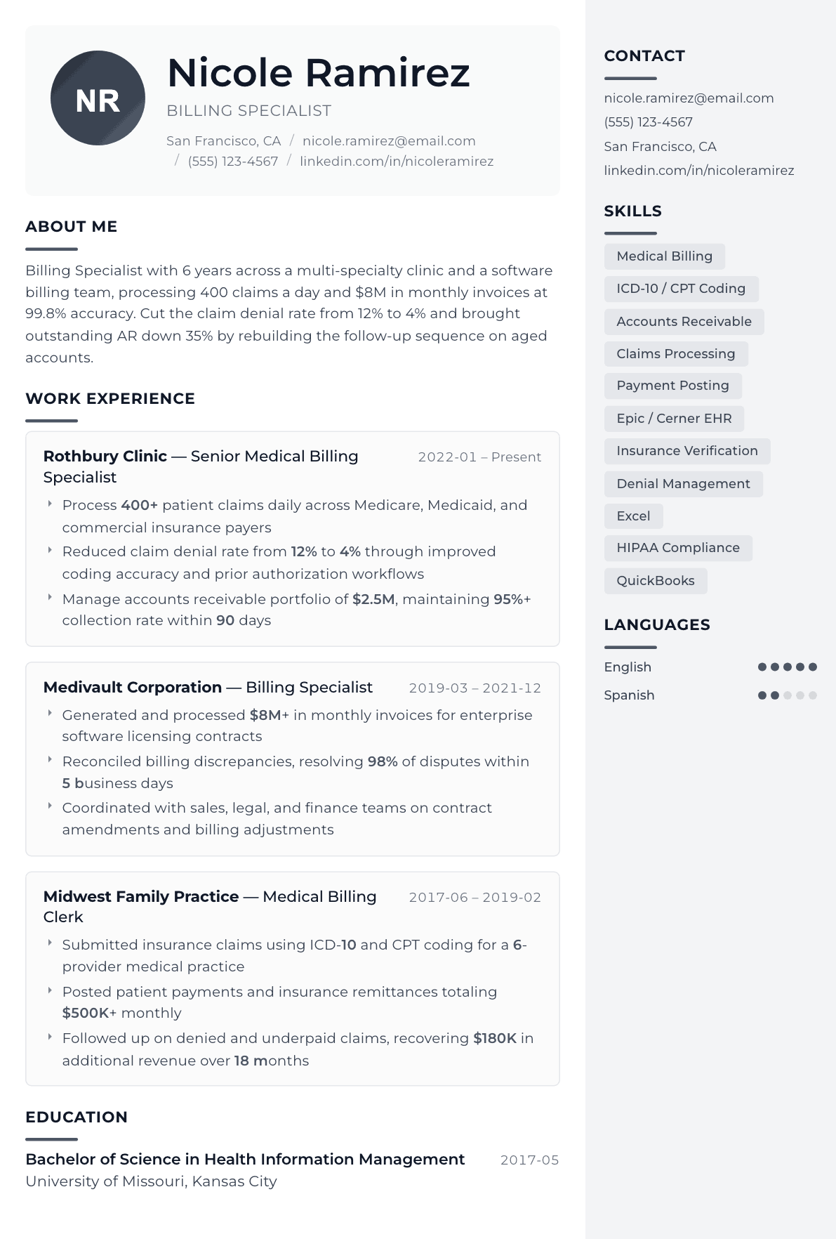 Billing Specialist resume example, Metropolitan template