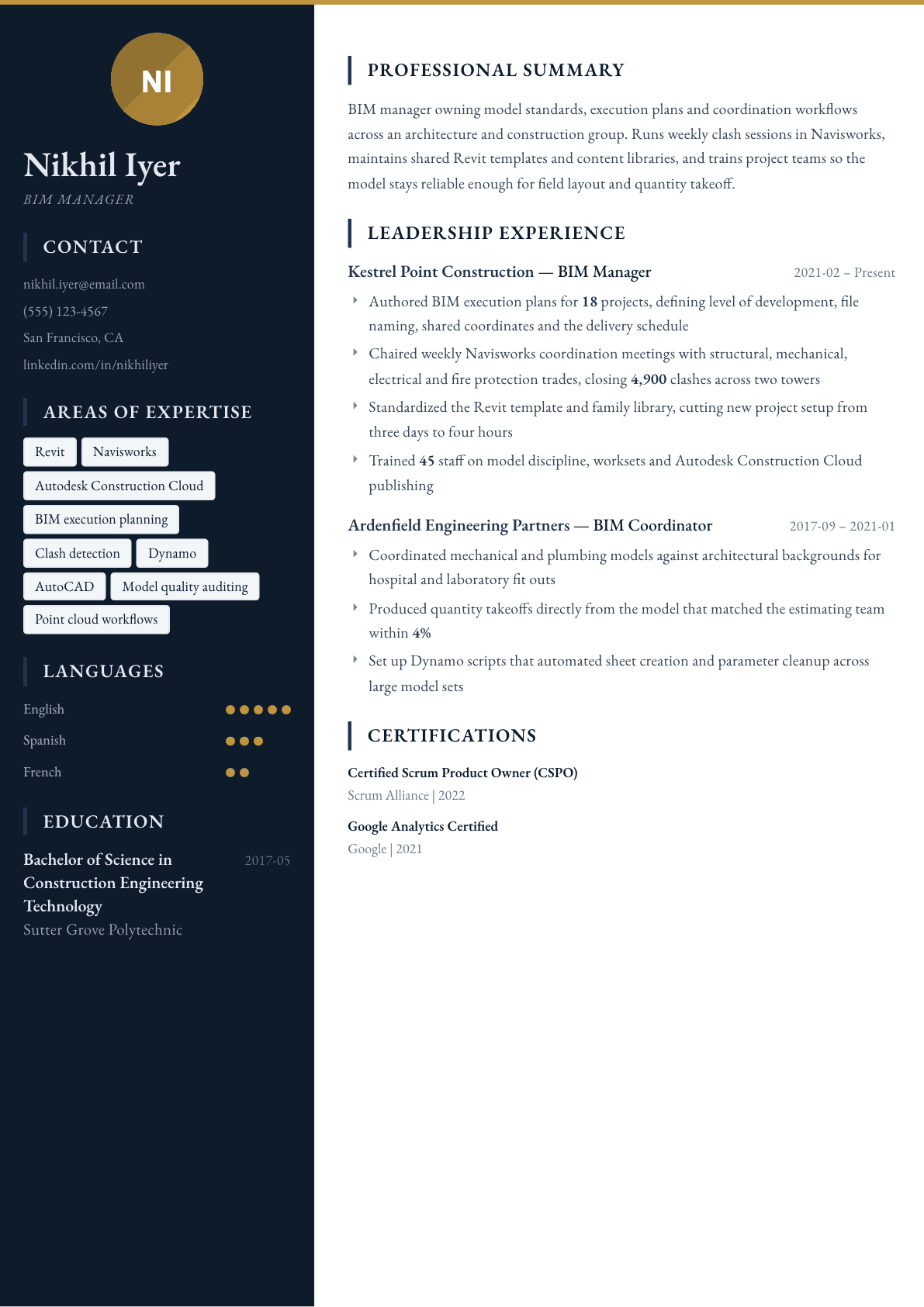 BIM Manager resume example, Presidio template
