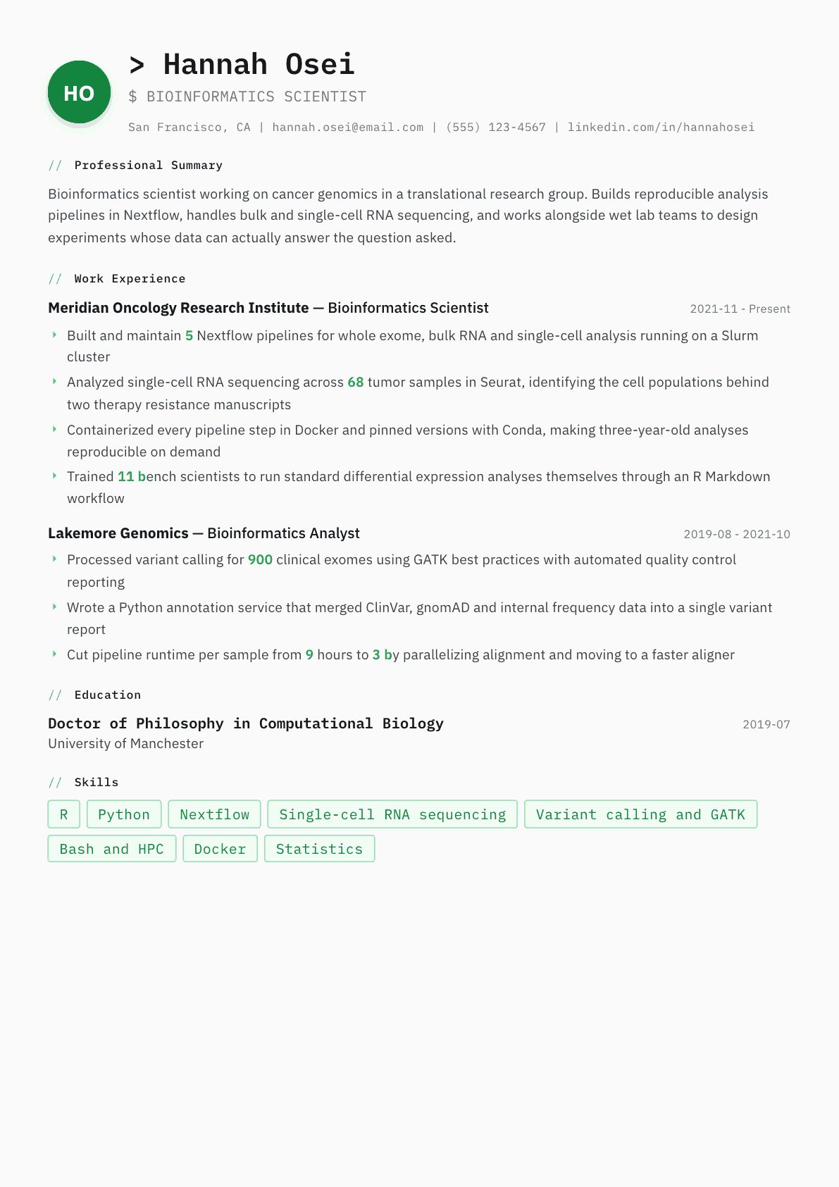 Bioinformatics Scientist resume example, Amsterdam template