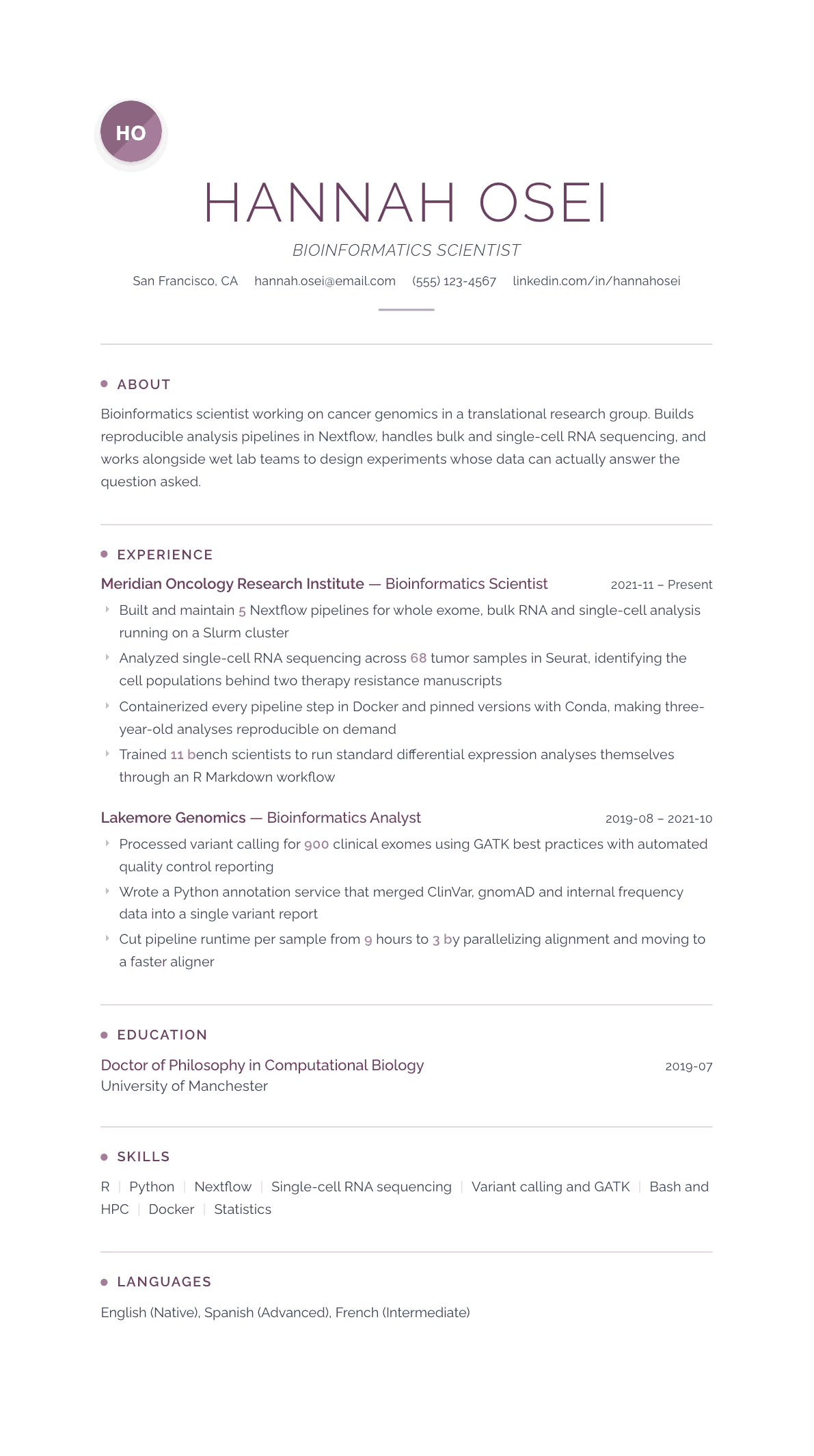 Bioinformatics Scientist resume example, Serenity template