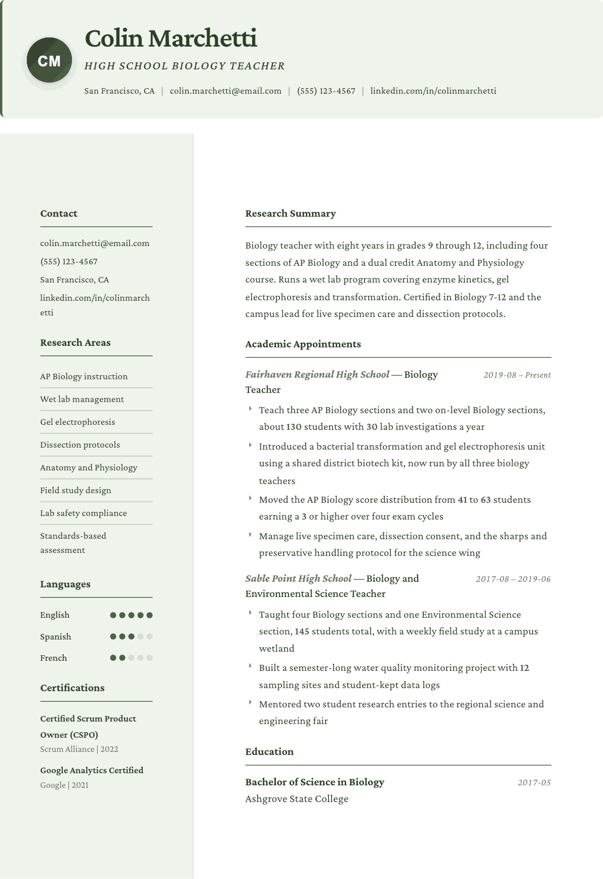 Biology Teacher resume example, Research template