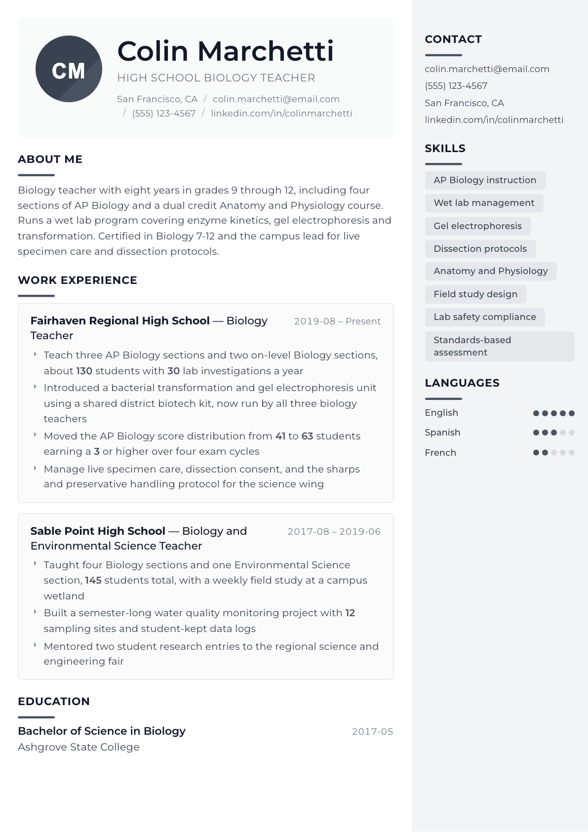 Biology Teacher resume example, Metropolitan template