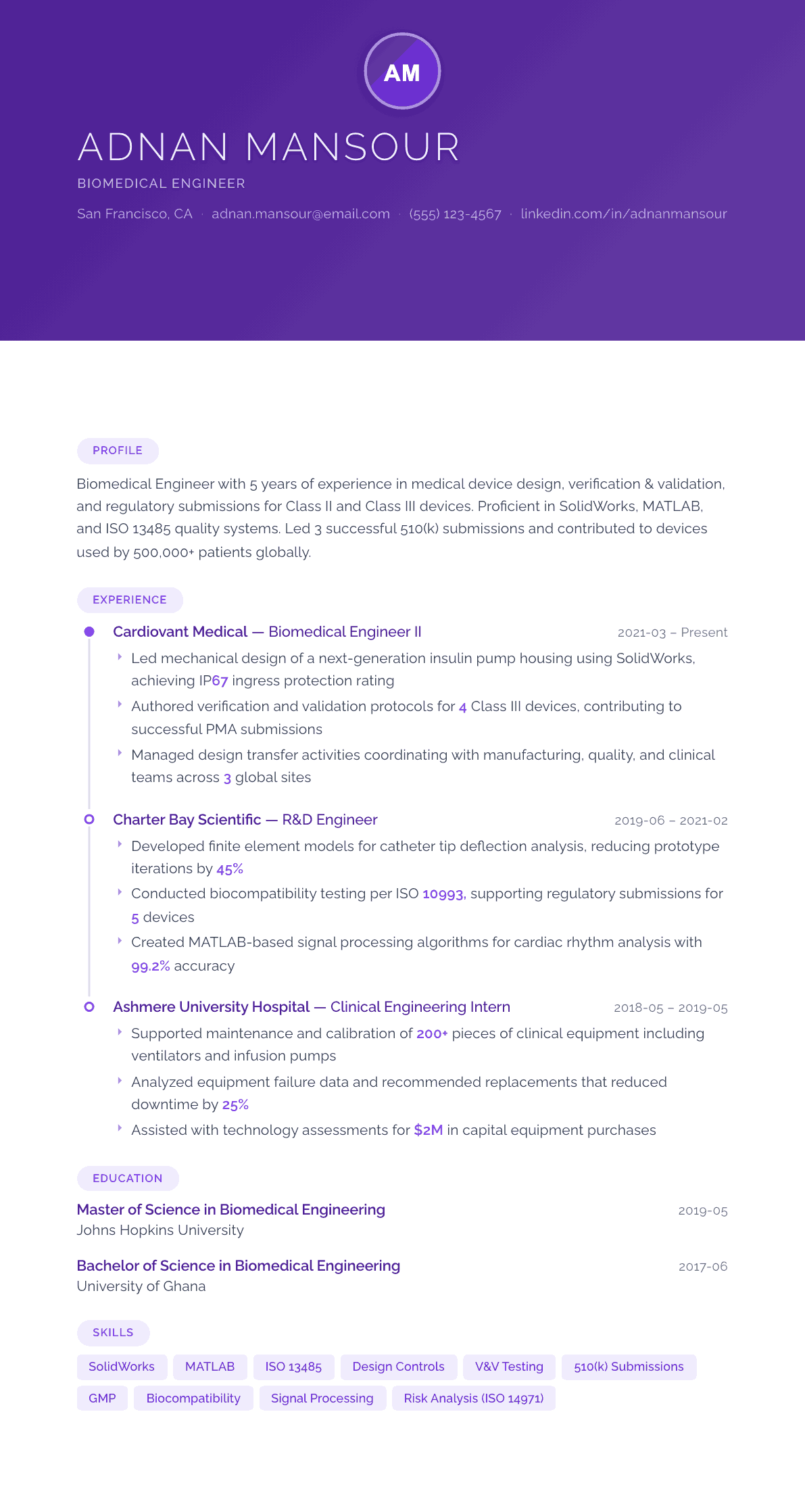 Biomedical Engineer resume example, Canvas template