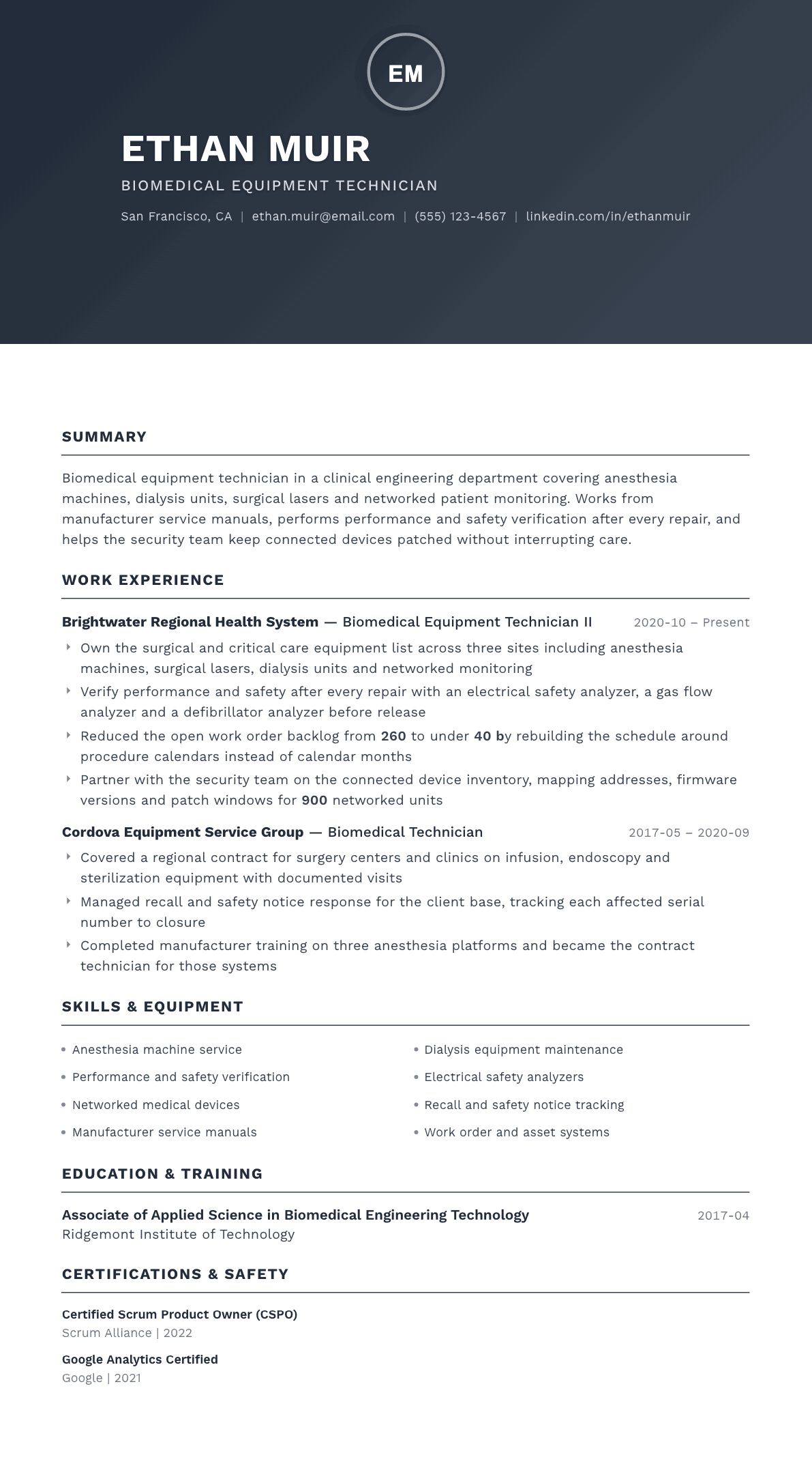 Biomedical Technician resume example, Foundation template