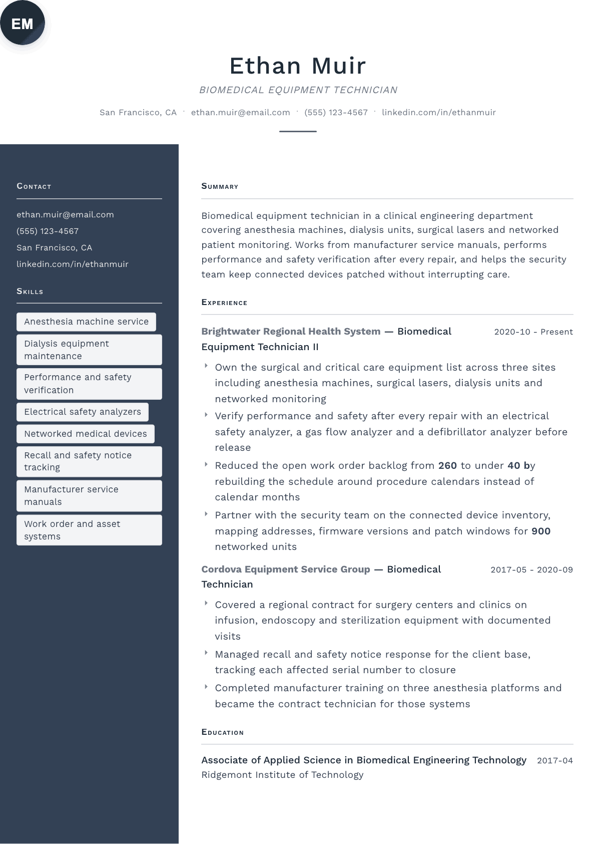 Biomedical Technician resume example, Fold template