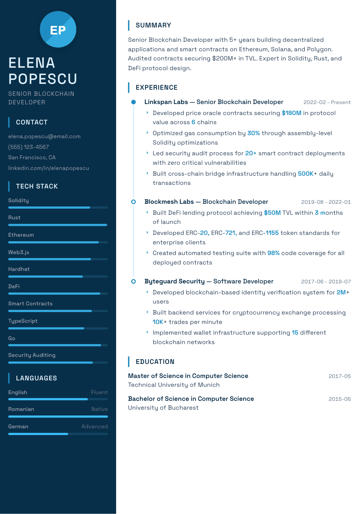 Blockchain Developer resume example, Circuit template