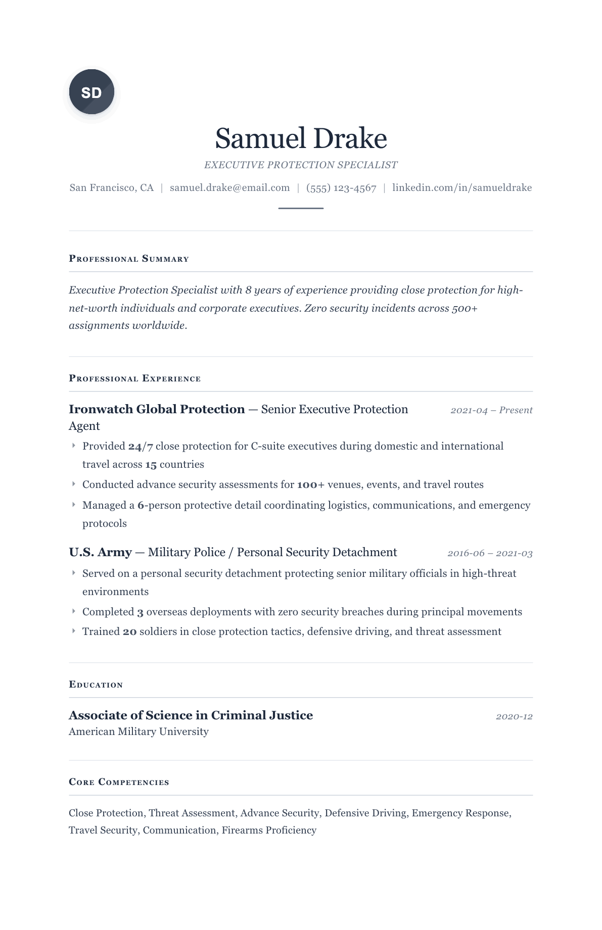 Bodyguard resume example, Cornerstone template