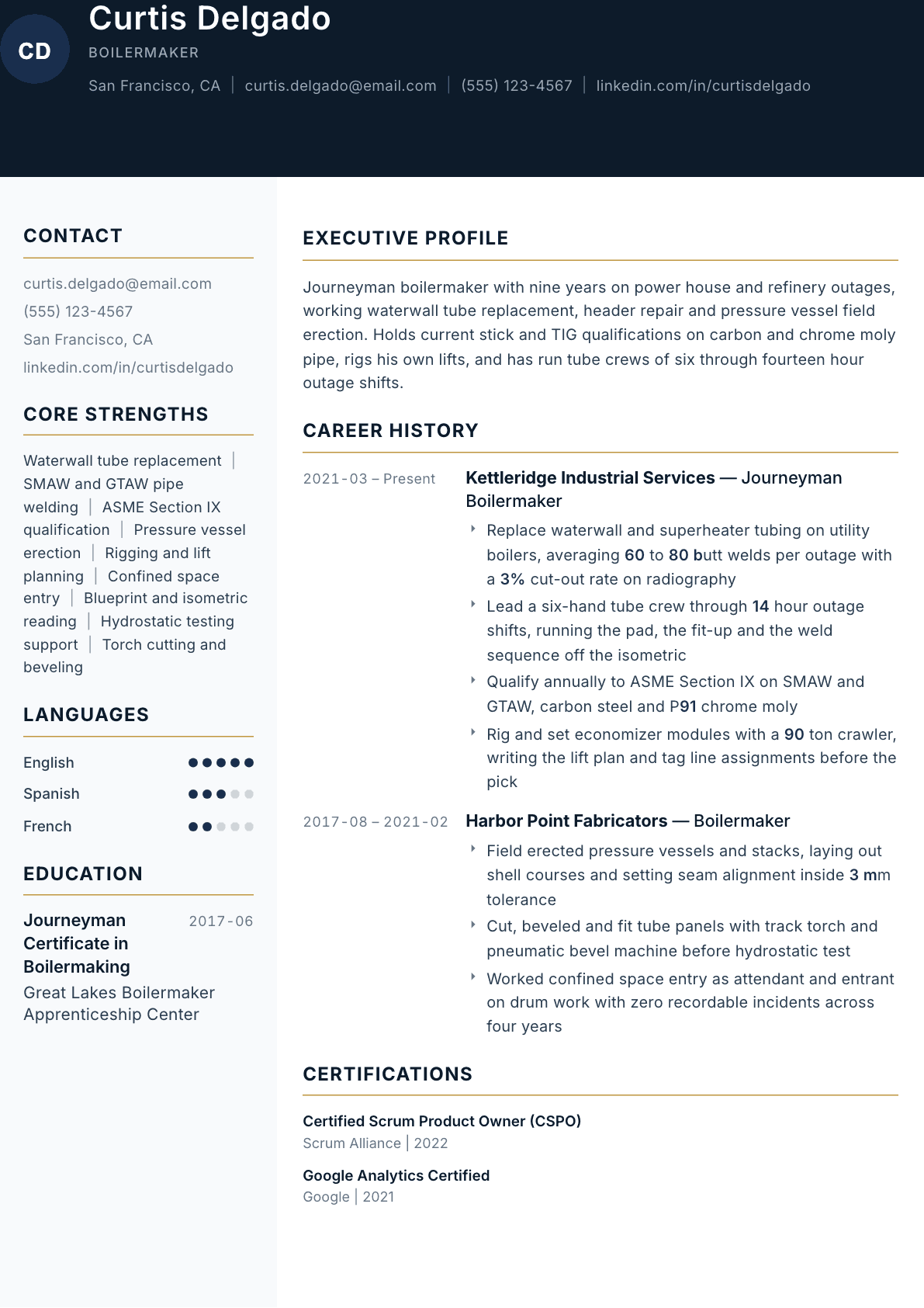 Boilermaker resume example, Consulate template