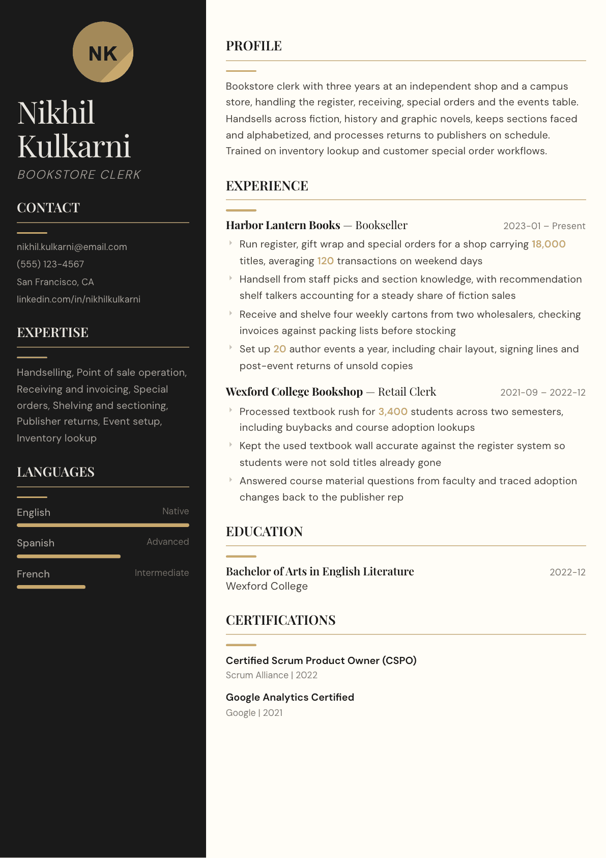 Bookstore Clerk resume example, Obsidian template