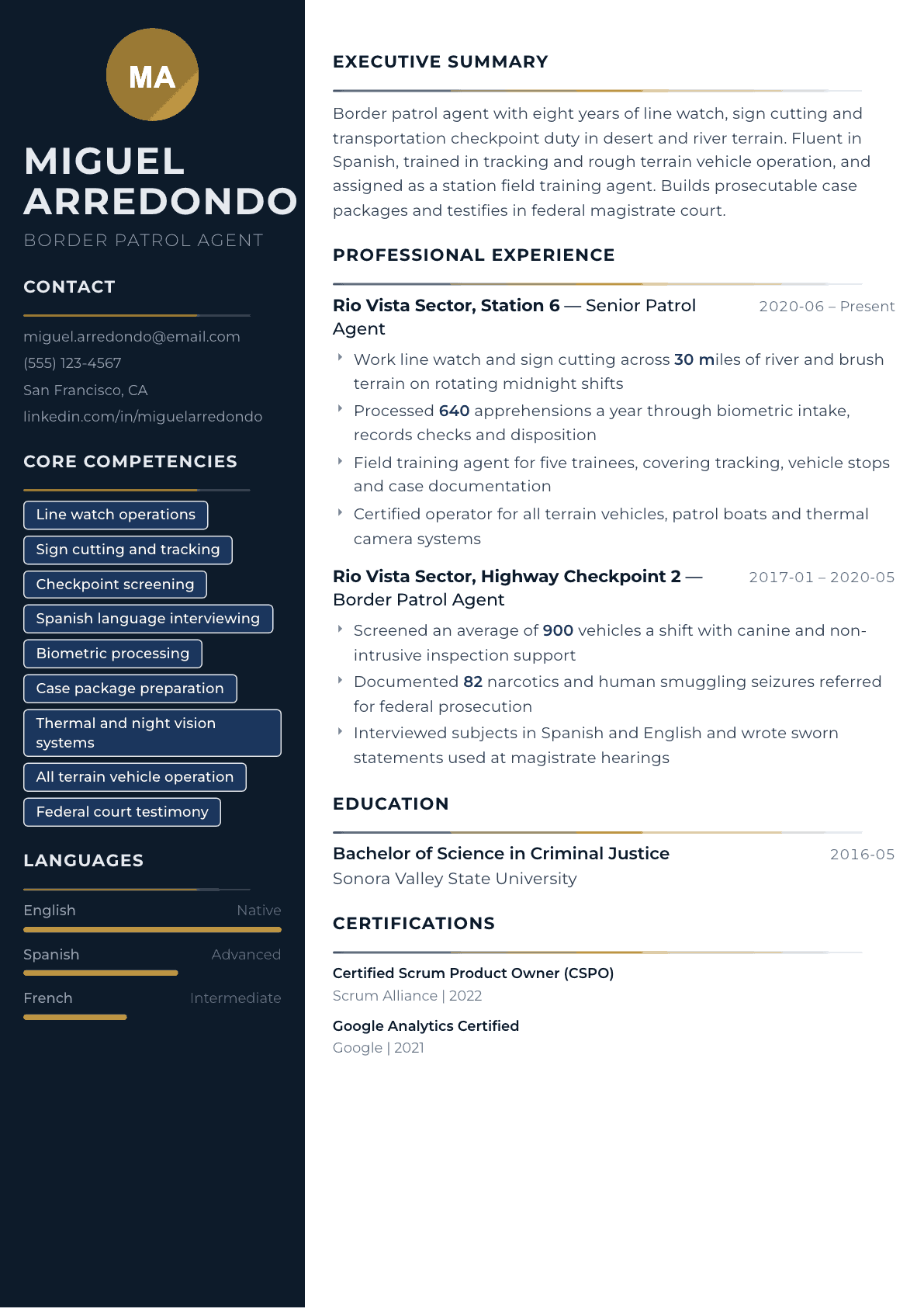 Border Patrol Agent resume example, Catalyst template