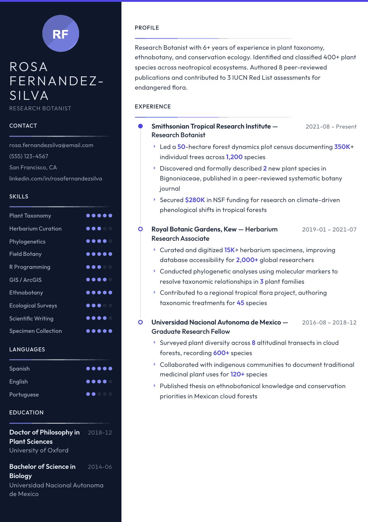Botanist resume example, Zenith template