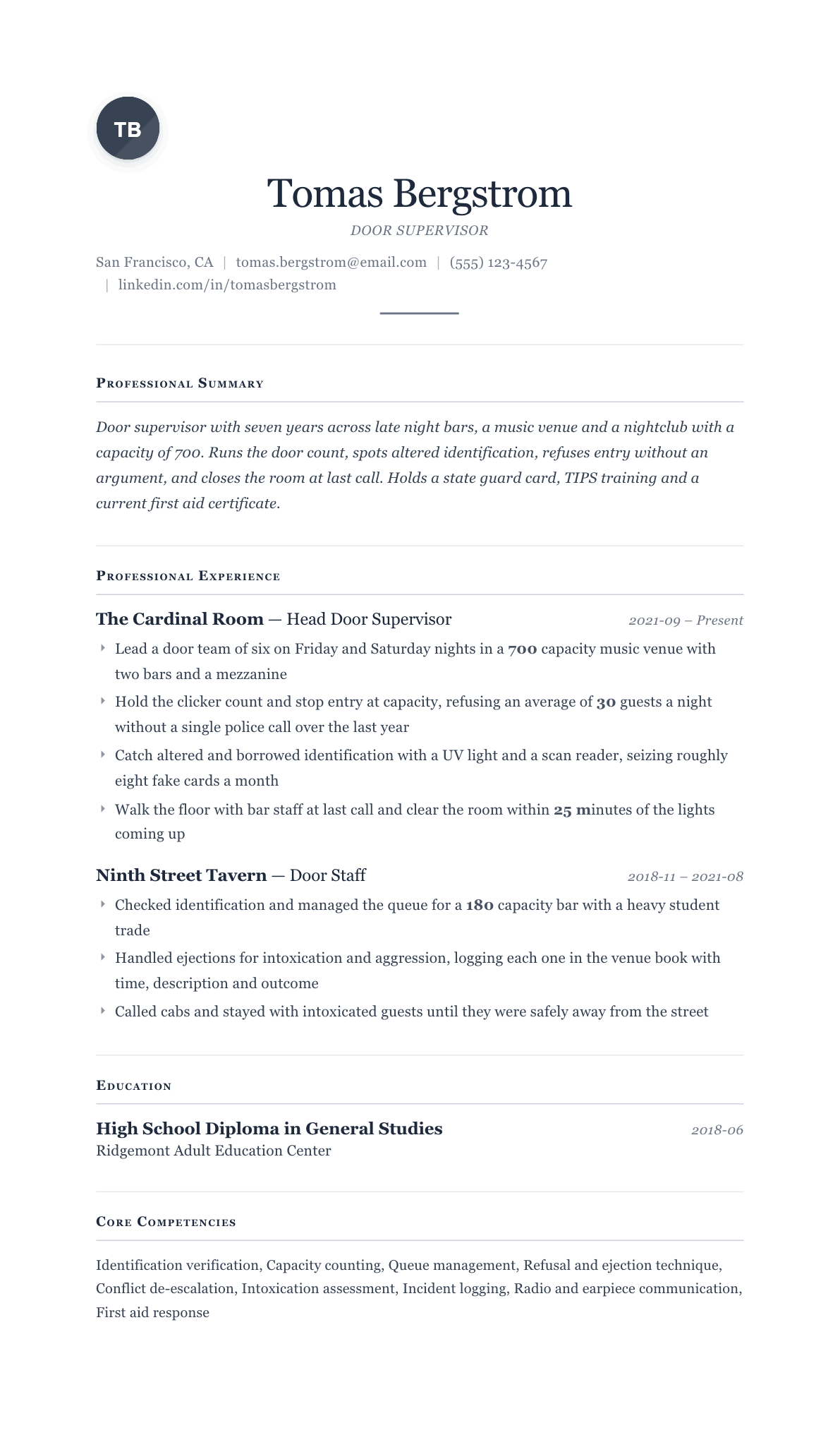 Bouncer resume example, Cornerstone template