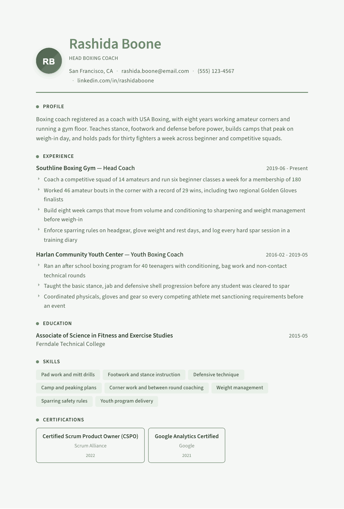 Boxing Coach resume example, Sage Garden template