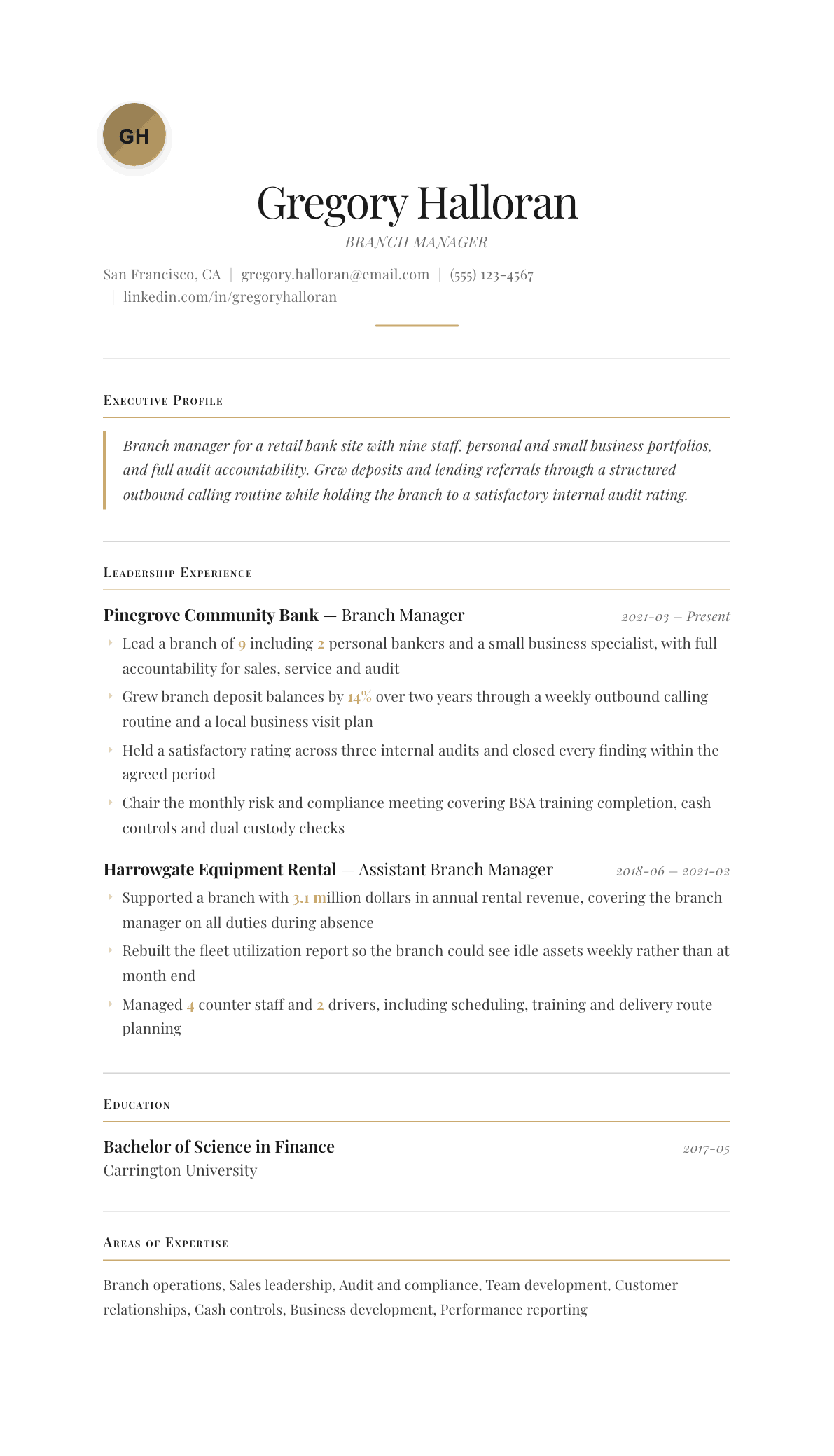 Branch Manager resume example, Chancellor template