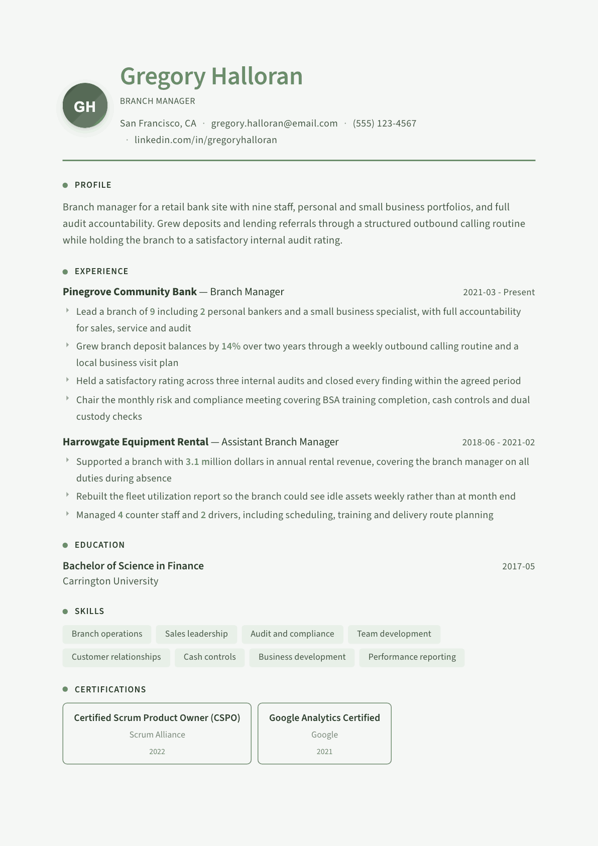 Branch Manager resume example, Sage Garden template